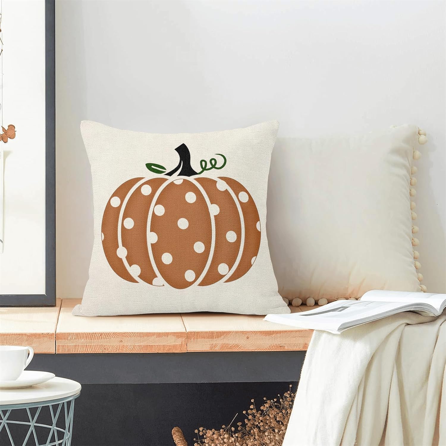 Juego de 2 fundas de almohada de otoño de 18 x 18 pulgadas, diseño de calabaza con lunares naranjas, decoración de otoño, Acción de Gracias, para