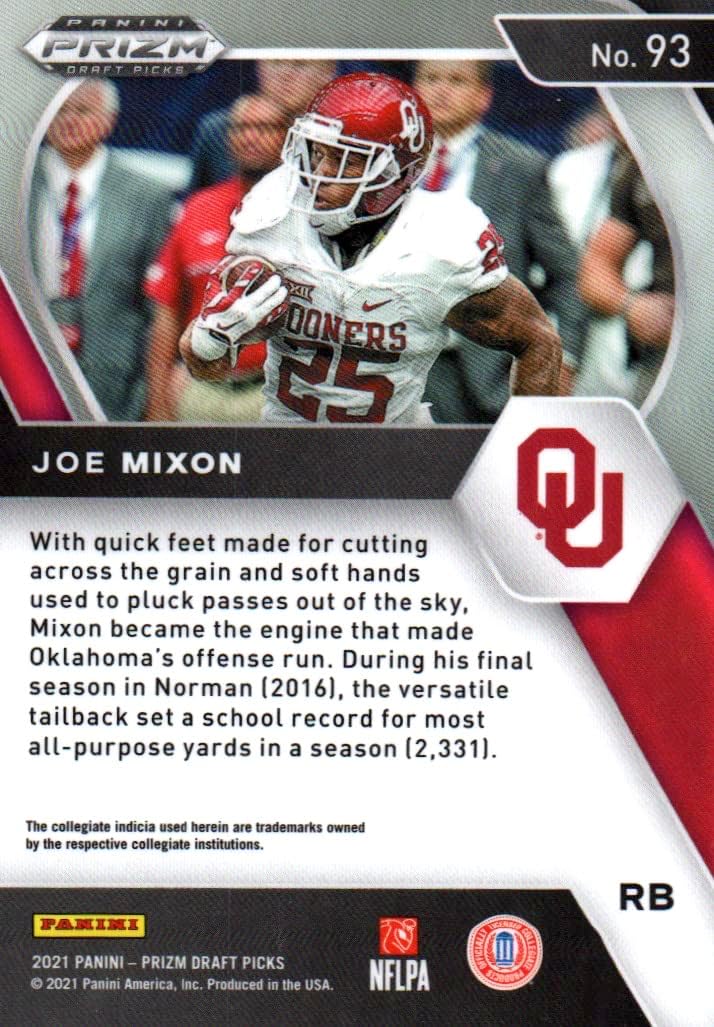 Joe Mixon Panini Prizm Draft Picks Football Card – 2021 Panini Prizm Draft Picks Card #93 (University of Oklahoma) Free Shipping & Handling