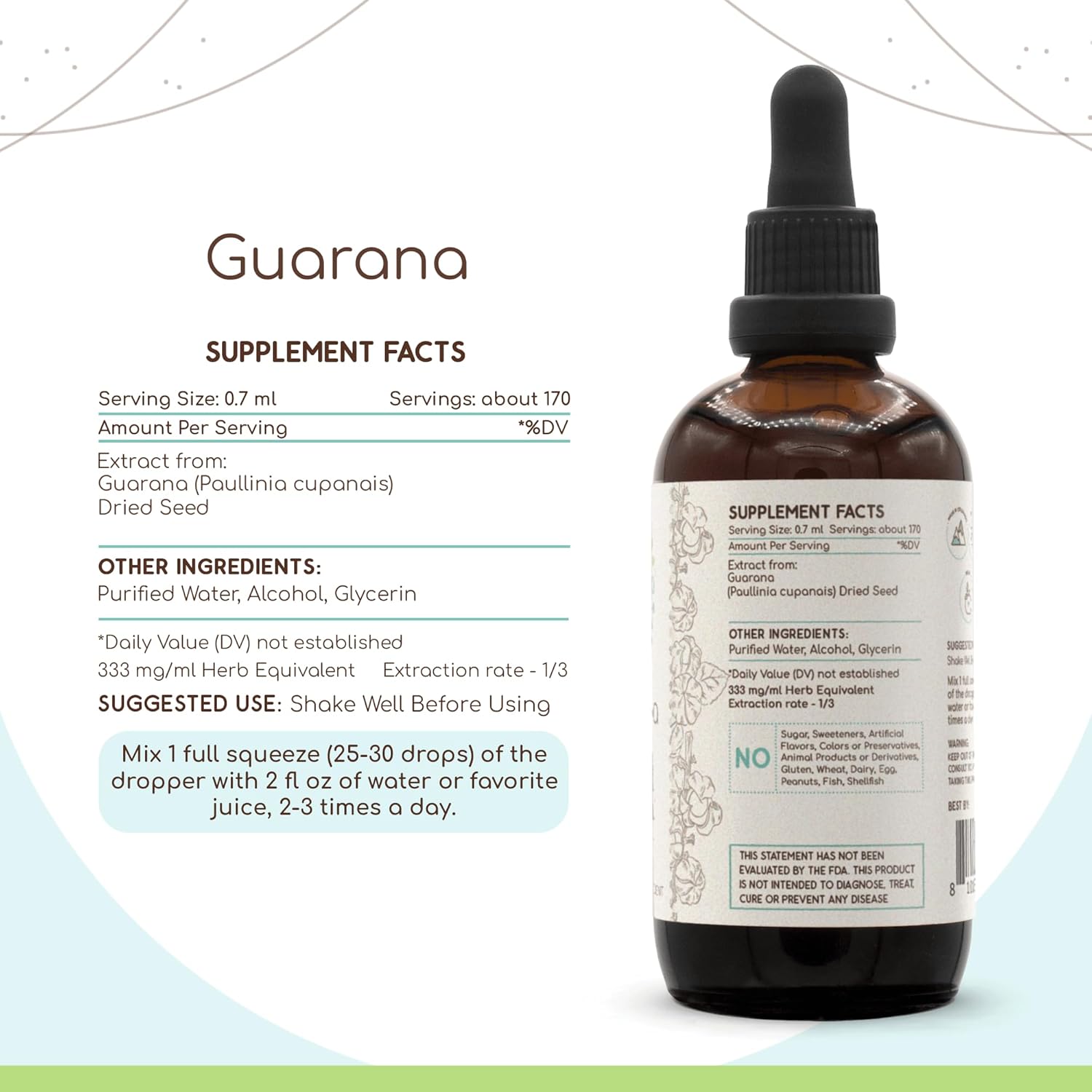 Guaraná A120 Alcohol Extracto de hierbas tintura, superconcentrado, guaraná silvestre (Paullinia cupana) Semilla seca (4 fl oz)