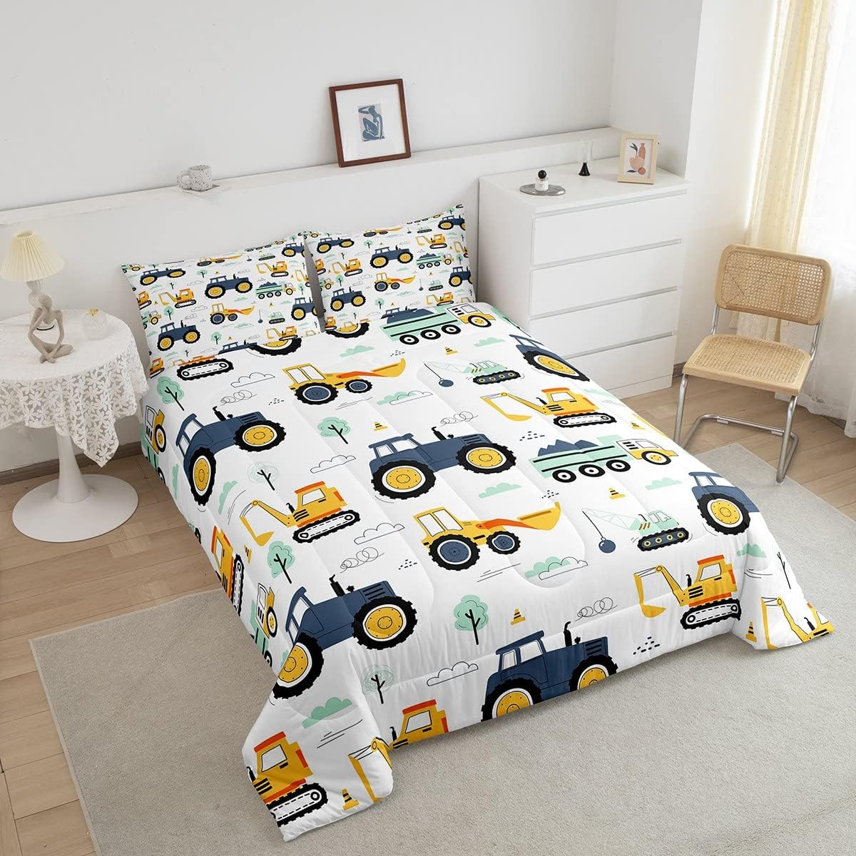 Juego de edredón de tractor tamaño Queen, juego de ropa de cama de camión de dibujos animados para niños, niñas y adolescentes, edredón de plumón de