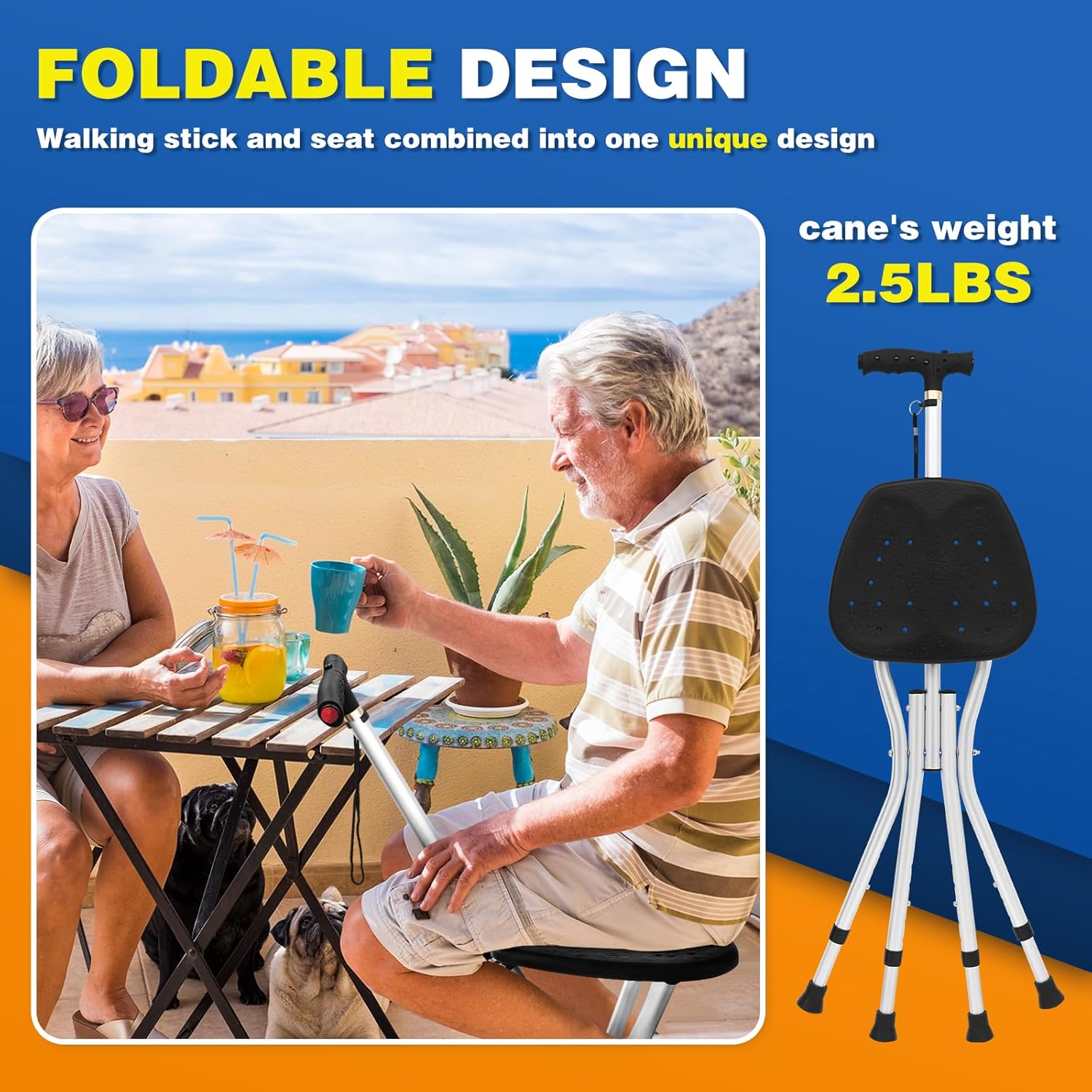 BigAlex Bastón para caminar con asiento, asiento ligero con LED para personas mayores, silla plegable ajustable para mujeres con 4 patas