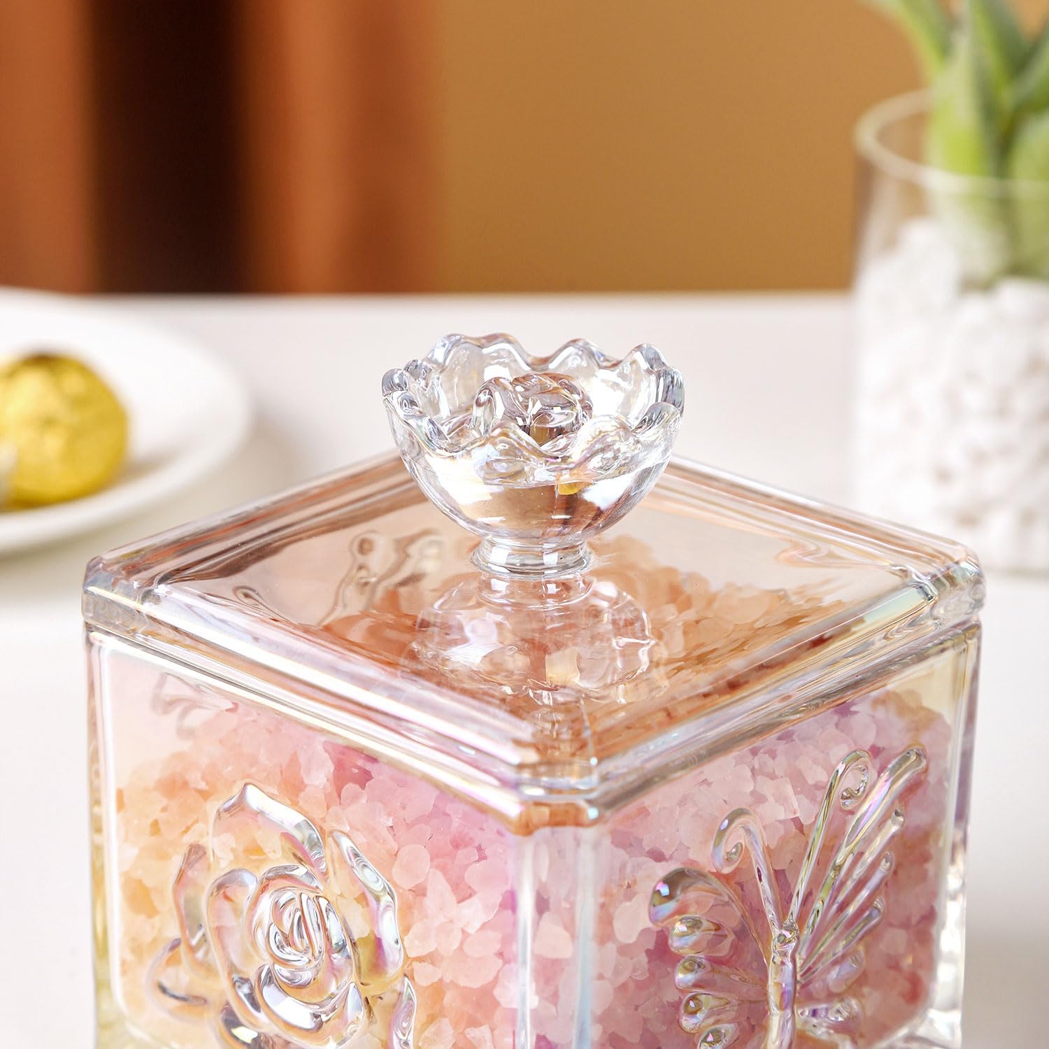 WHJY Lindo tarro de cristal vintage para dulces con tapa, tarro de cristal iridiscente para escritorio de oficina, platos de caramelo rosa para bufé