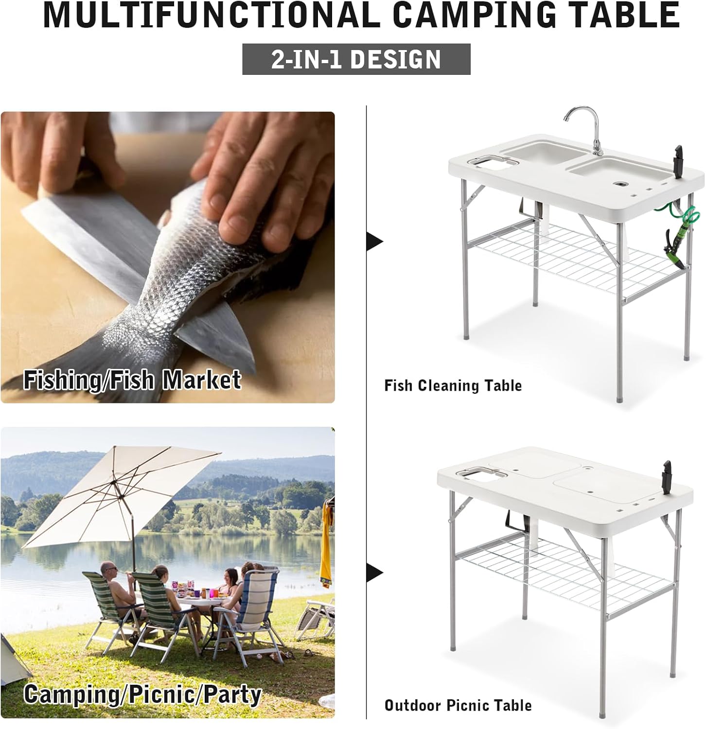 Hupmad Mesa plegable de limpieza de peces de 37 pulgadas con lavabos dobles y grifo, estación de filete portátil al aire libre con marco de rejilla,