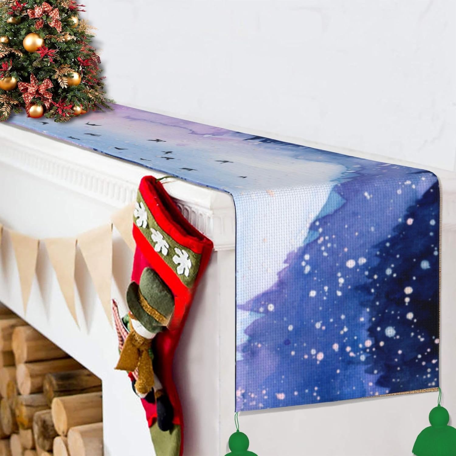 Camino de mesa de Navidad con paisaje de acuarela, decoración de mesa de comedor, decoración de Navidad, decoración de interiores del hogar, caminos