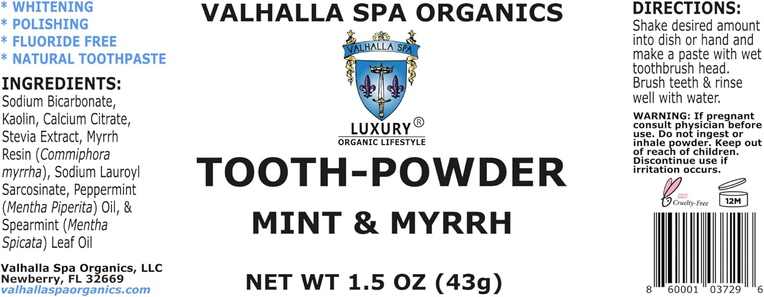 Polvo dental con menta y mirra  Pasta de dientes natural  Sin flúor  Blanqueamiento  Pulido  Valhalla Spa Organics 1.5 oz