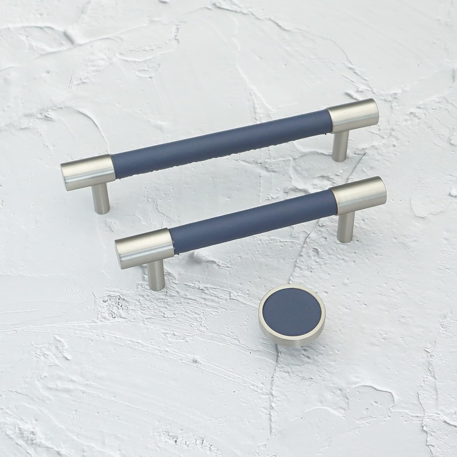 LBFEEL Tirador de cuero azul para armario, pomos de acero cepillado, accesorios modernos para muebles (perilla redonda)