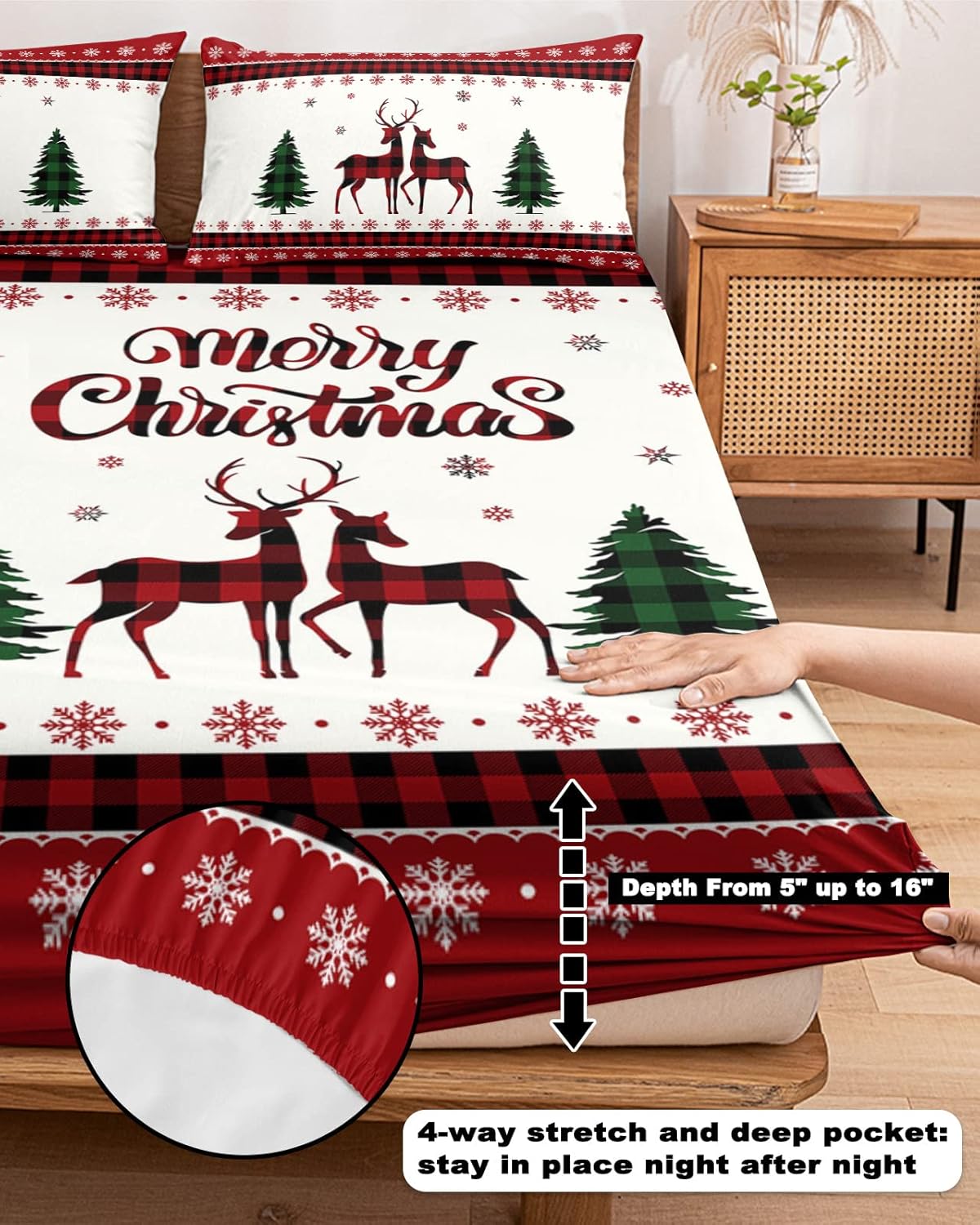 Christmas Reindeer Green Pine Tree Twin XL Fitted Sheets Deep Pocket Up to 16″, White Snowflake on Red Border Soft Single Mattress Cover with 1