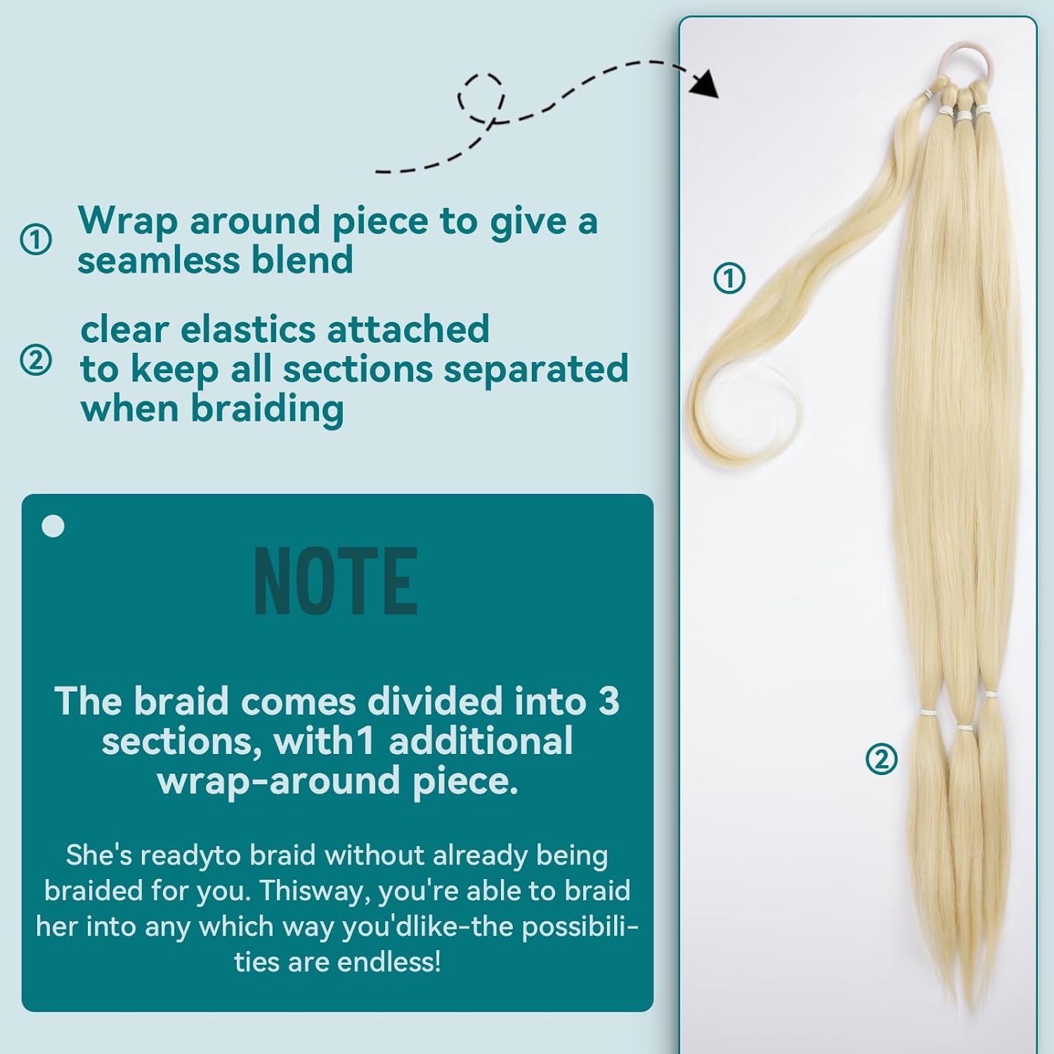 EMMOR Extensión de cola de caballo larga trenzada con cabello lacio envolvente, extensiones de cabello sintético suave y saludable para mujeres y