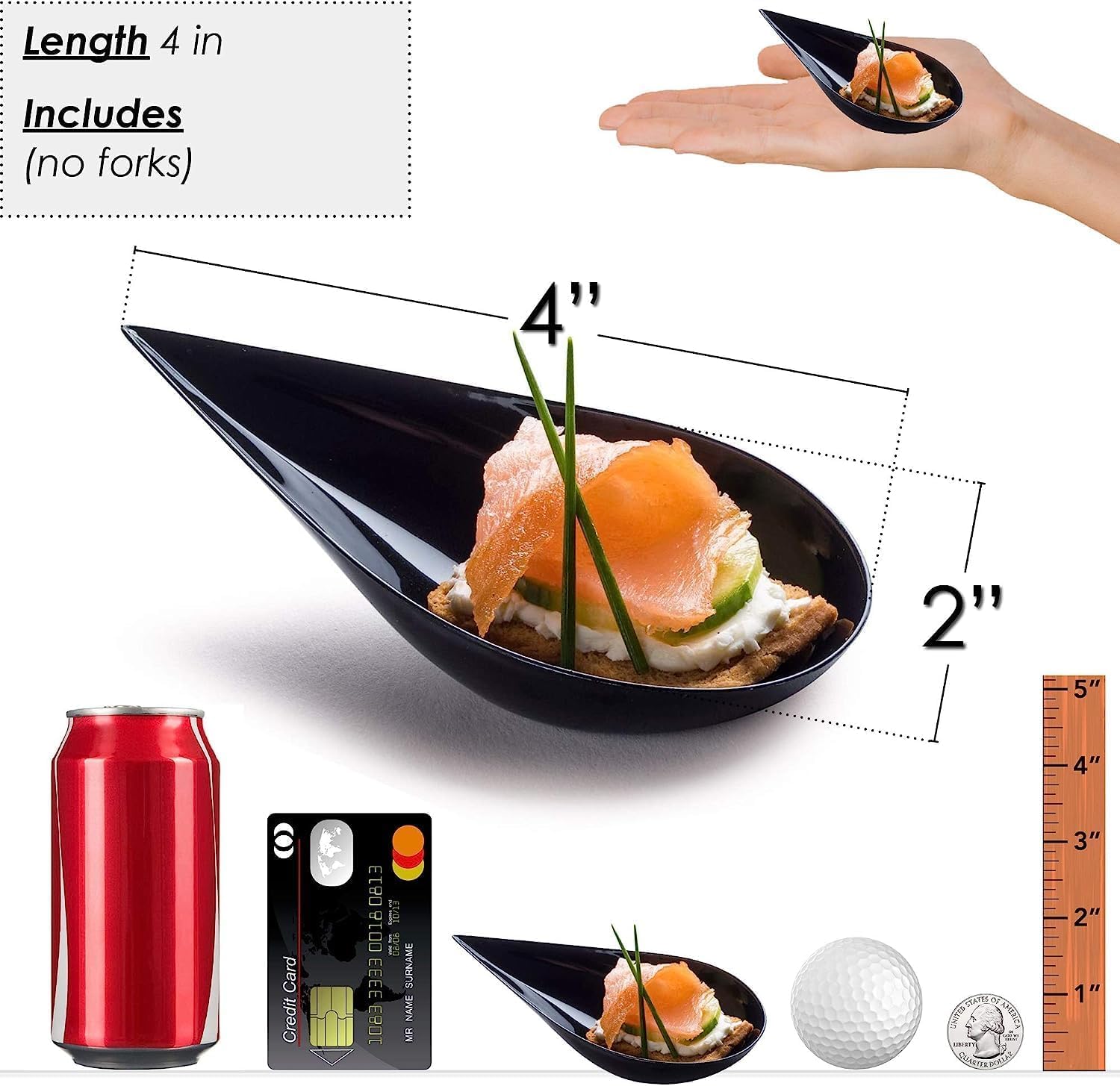 DLux 500 mini platos para aperitivos de 4 pulgadas, cucharas de plástico negro reutilizables, platos de postres y aperitivos, platos para servir,