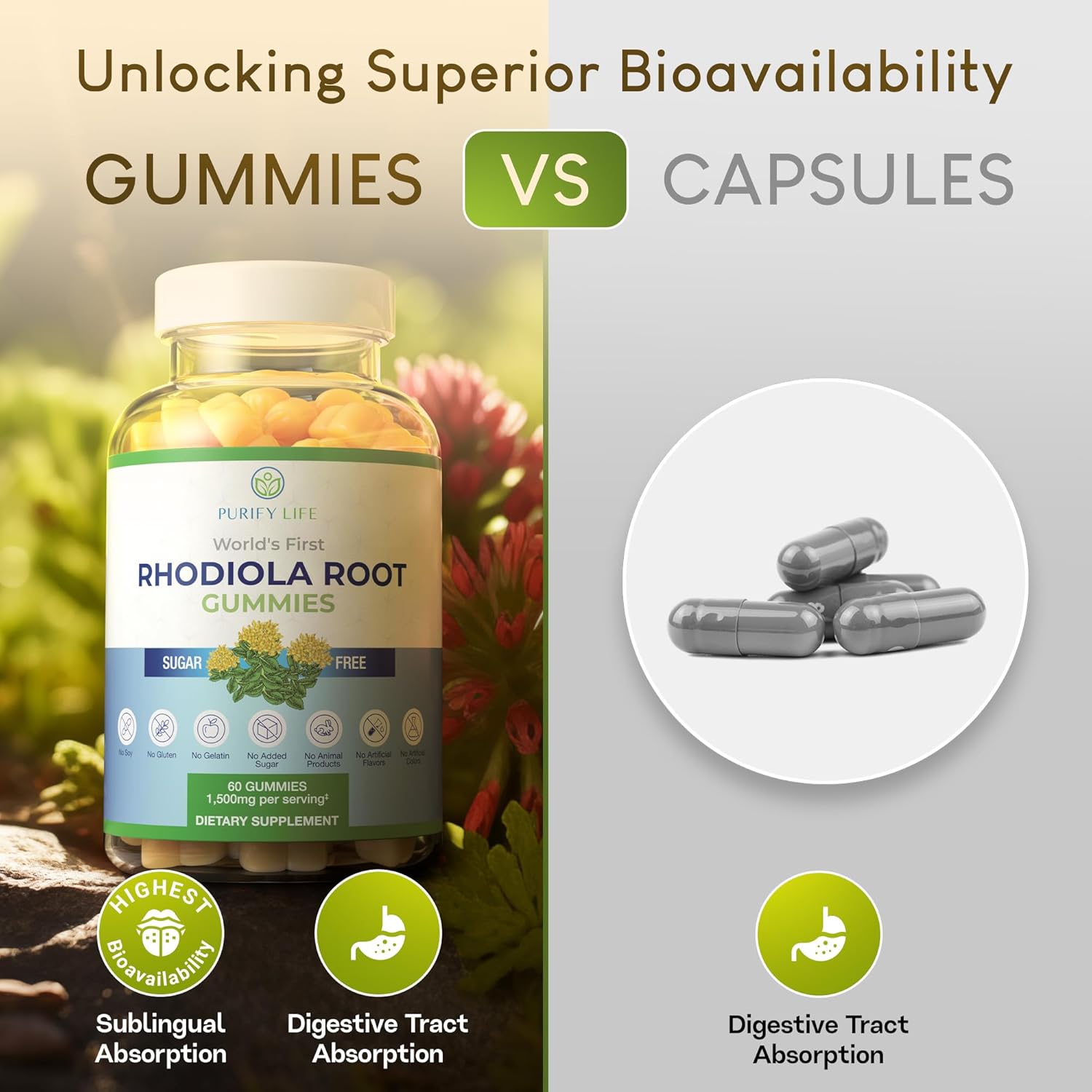 Gomitas de Rhodiola Rosea sin azúcar (1500 mgporción) Suplemento adaptogénico de Rhodiola Rosea y bloqueador de cortisol para rendimiento,