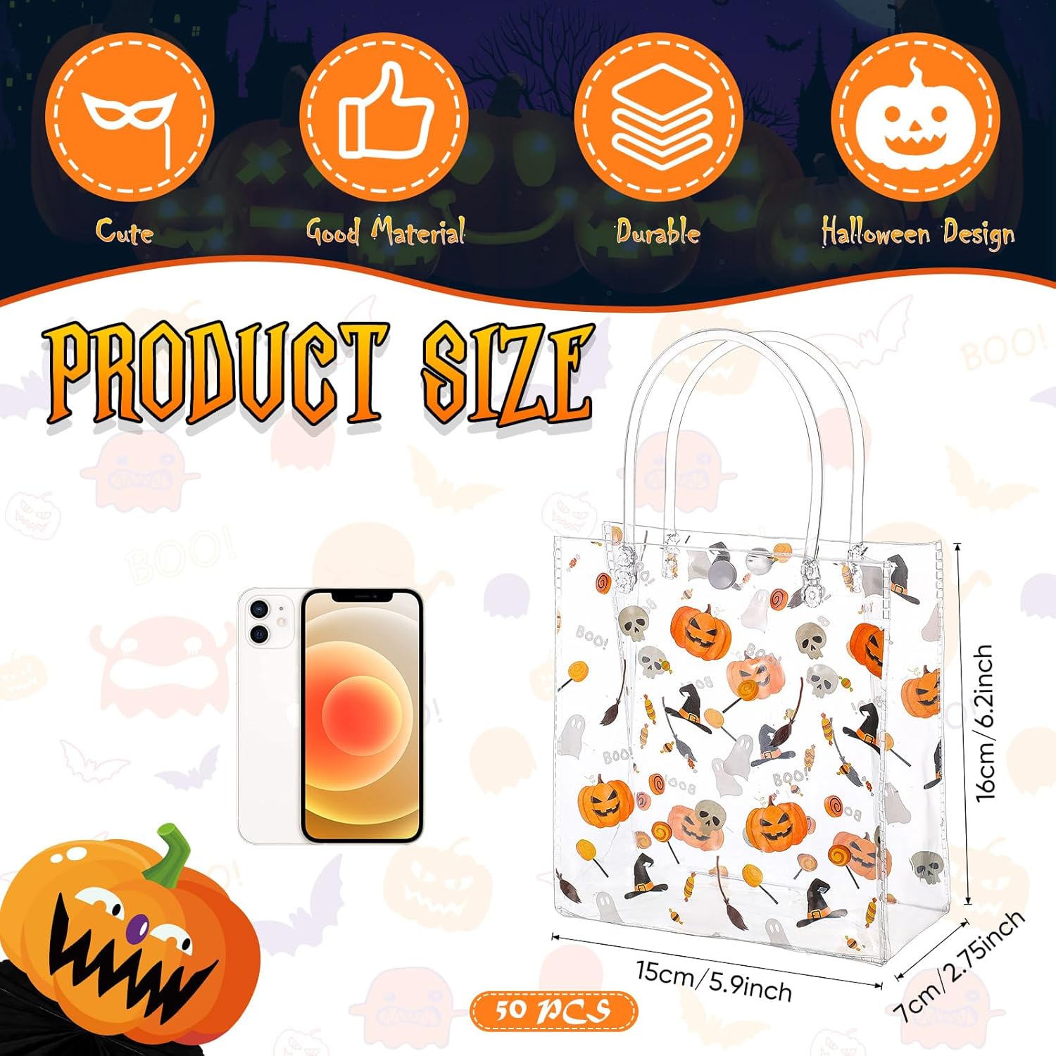 Silkfly 50 bolsas de regalo transparentes de Halloween con asa, bolsas reutilizables de PVC para Halloween, compras, bodas, fiestas de cumpleaños