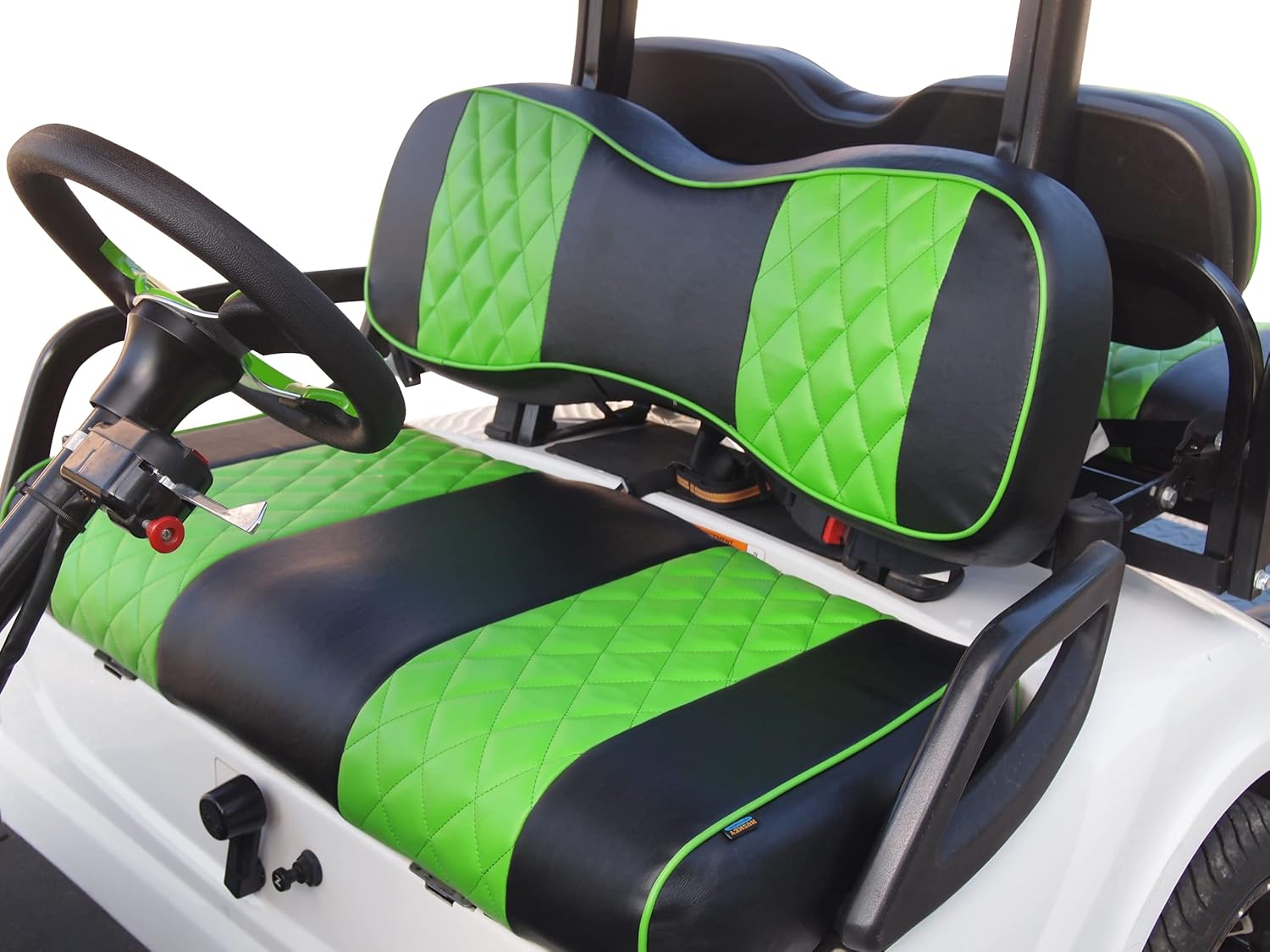 Huskey – 2 fundas de asiento delantero para carrito de golf EZGO RXV 2008-UP G&E Modelos Custom de dos tonos negroverde lima costuras de diamante