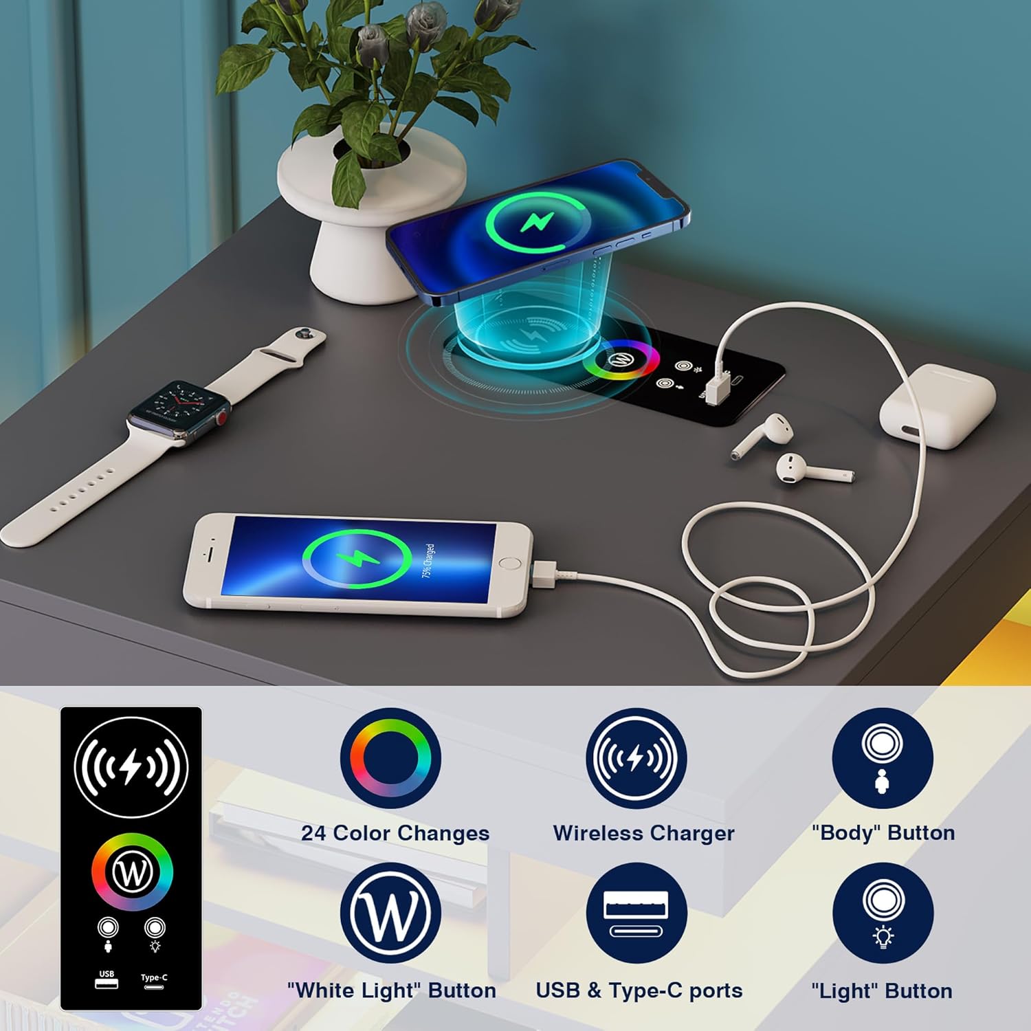 OUTDOOR DOIT Mesita de noche con estación de carga inalámbrica y luces LED, mesitas de noche modernas, mesita de noche con 2 cajones transparentes y