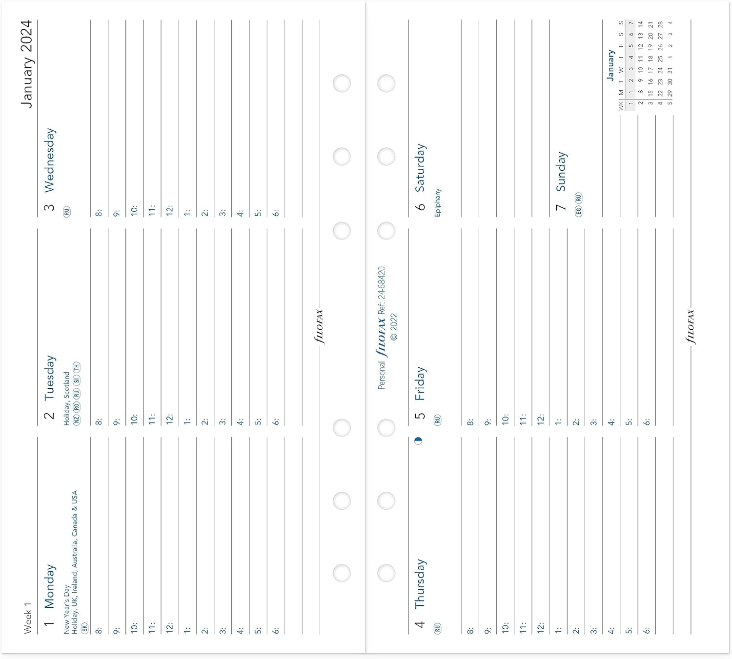 Filofax Recambio de diario para calendario, tamaño personalcompacto, vista semanal con citas, horizontal, papel blanco, a rayas, inglés, 2024