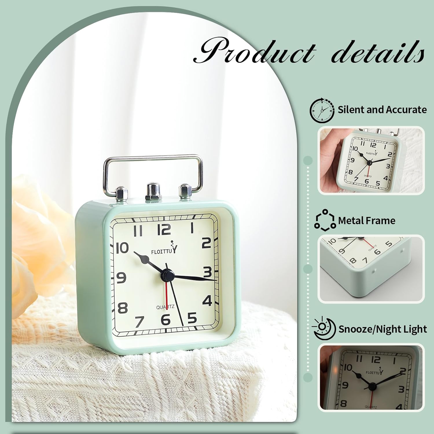 Reloj despertador cuadrado de metal, silencioso, sin tictac, funciona con pilas, luz nocturna y reloj de escritorio para dormitorio, viajes, niños,
