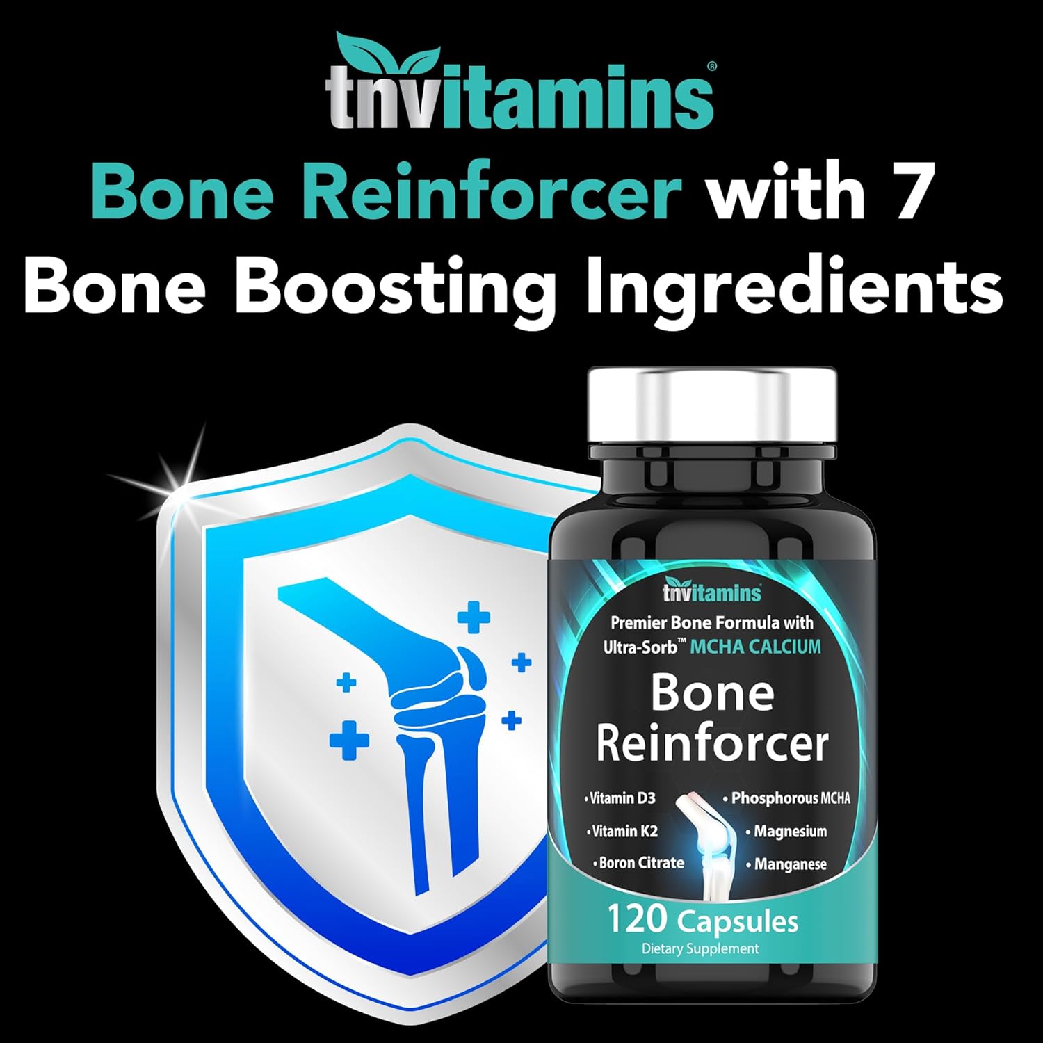 Reforzador óseo (120 cápsulas) Suplemento de calcio MCHA con vitamina D3, magnesio, vitamina K2, citrato de boro, MCHA fósforo y manganeso  Potente