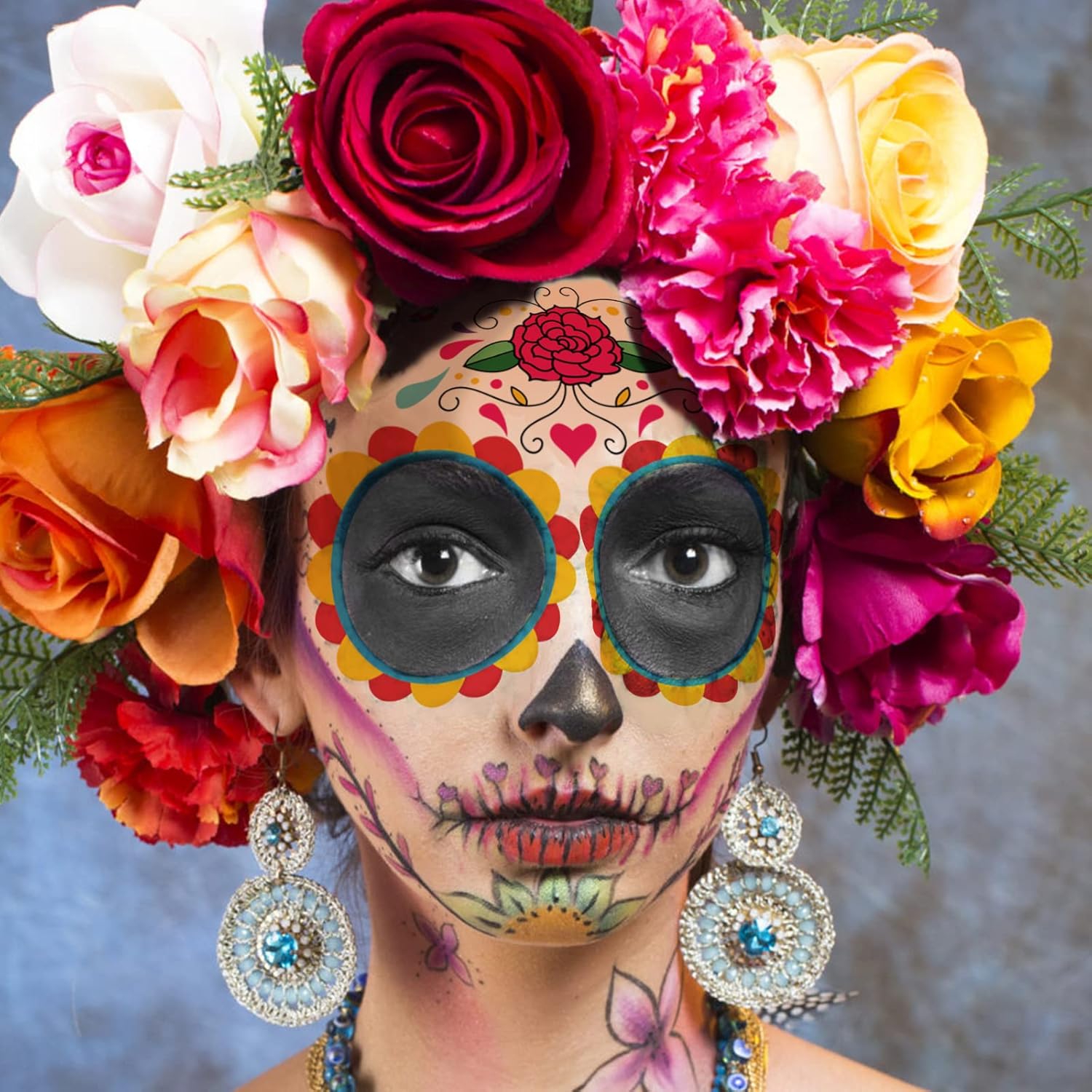Kit de maquillaje de tatuajes de cara del día de los muertos, paquete de 10 tatuajes temporales de calavera de azúcar de Halloween para adultos,