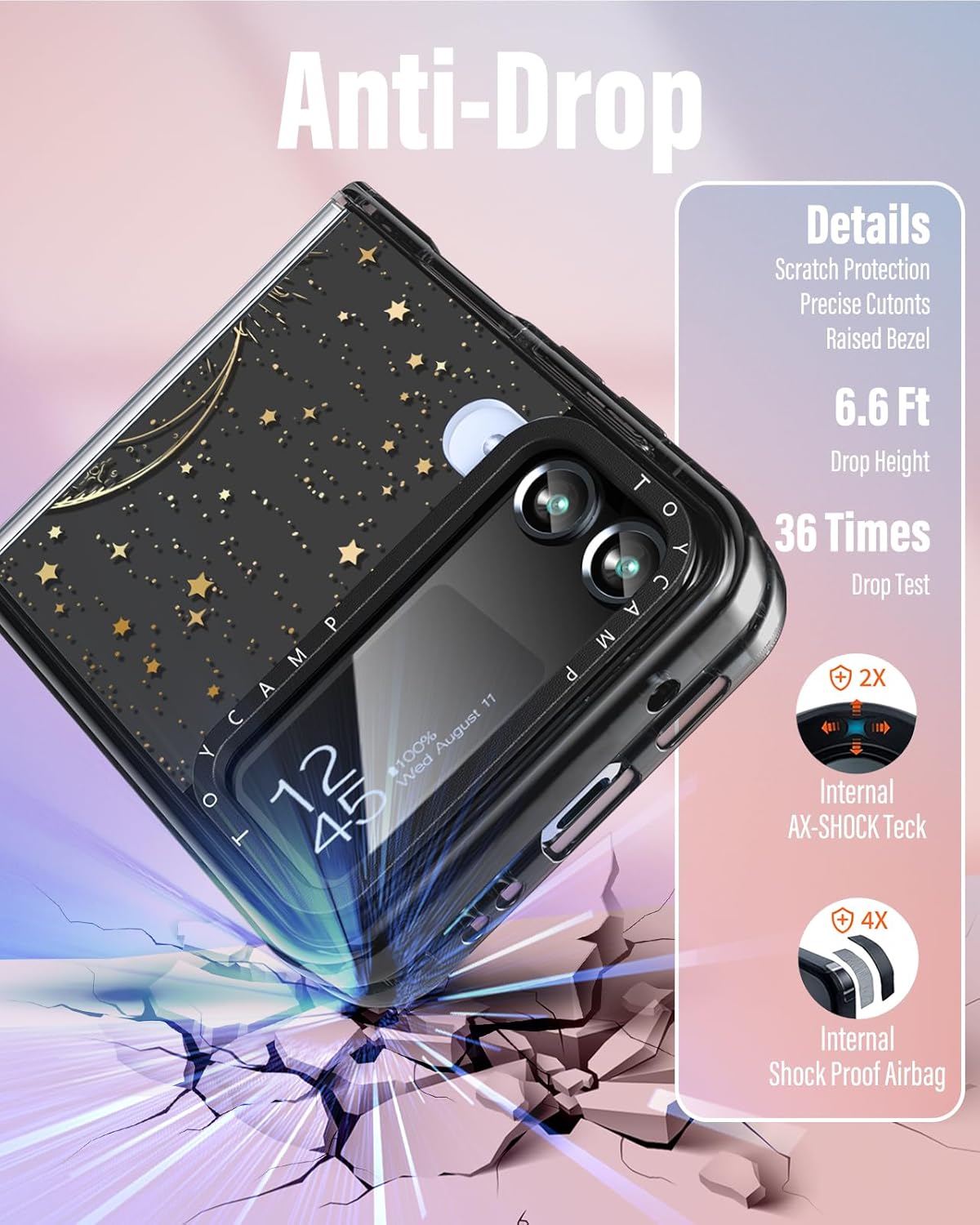 Toycamp Funda para Samsung Galaxy Z Flip 4 con soporte para anillo, bonita y divertida funda de diseño de estrellas de sol y luna de bruja, a prueba