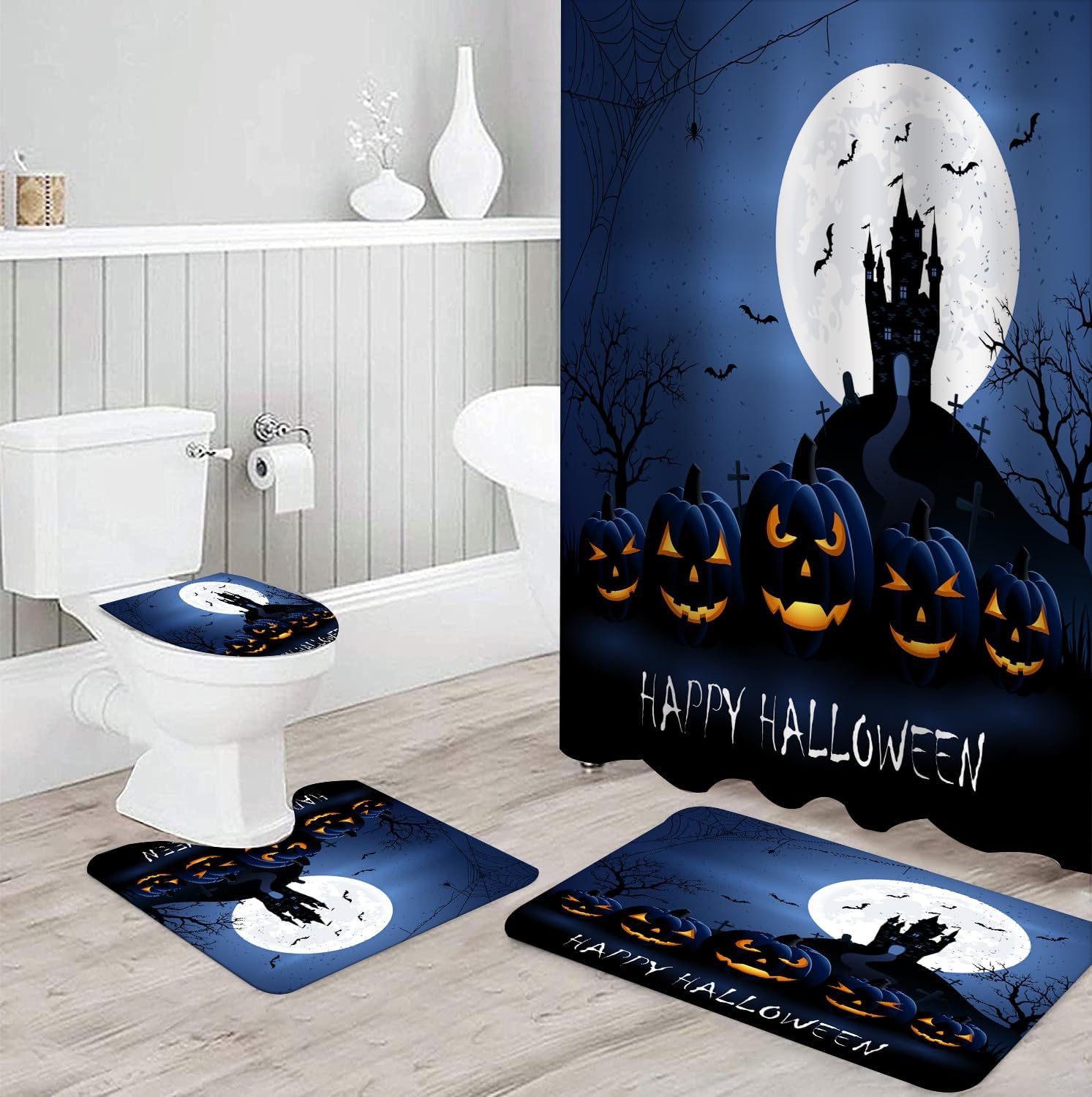 Juego de 4 cortinas de ducha de Halloween, cortinas de ducha, alfombras de baño antideslizantes, funda de inodoro, tapete de baño, decoración de