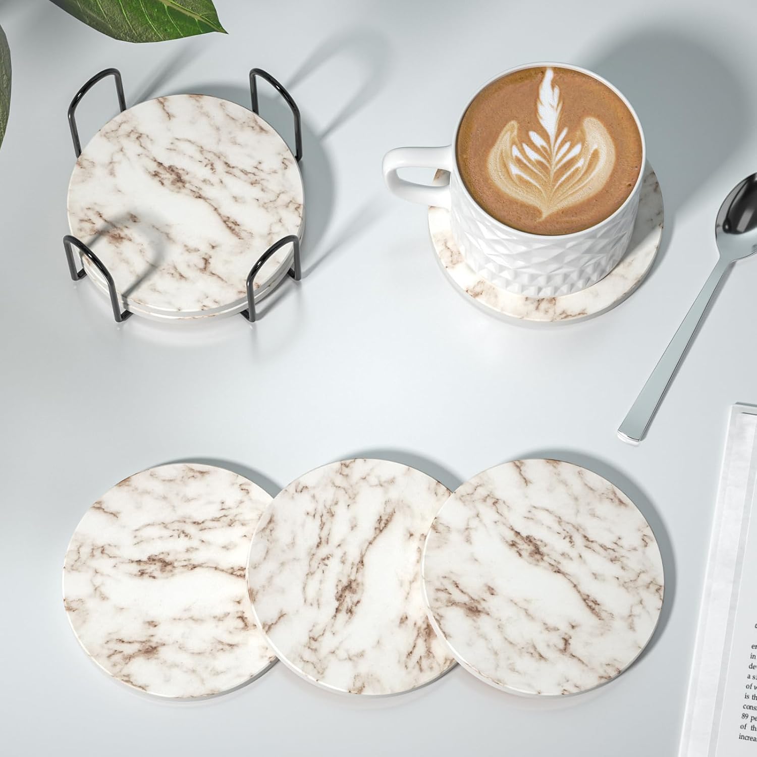 Posavasos absorbentes con soporte, juego de 6 posavasos absorbentes, posavasos de ágata de cerámica con mármol y base de corcho para mesa de café,