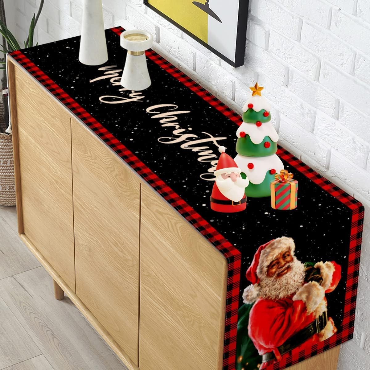 Camino de mesa de Navidad afroamericano, a cuadros, de Papá Noel, color negro, a cuadros, vacaciones, fiesta, cocina, comedor, decoración del hogar