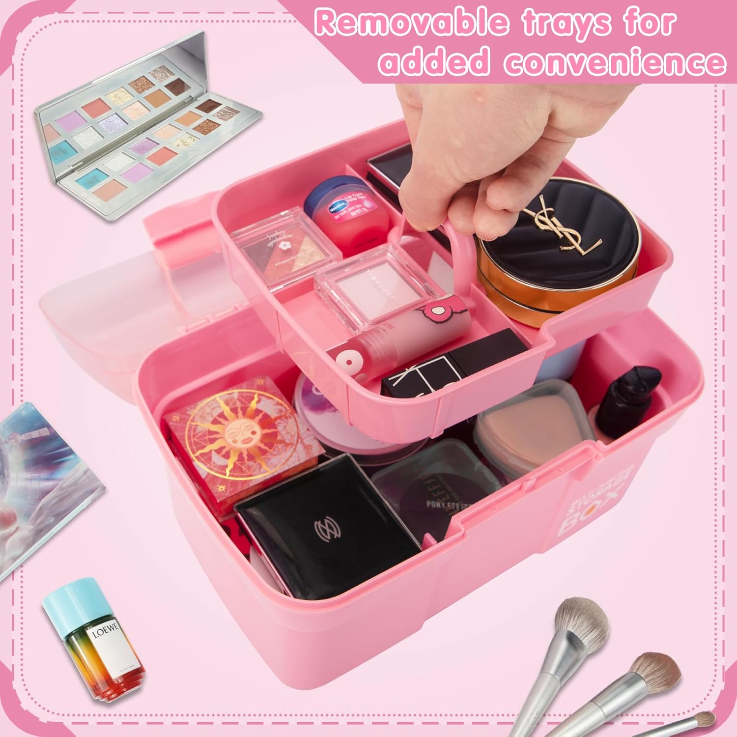 Caja organizadora multiusos de 11 pulgadas con bandeja extraíble, caja de almacenamiento pequeña de plástico con asa, organizador portátil de
