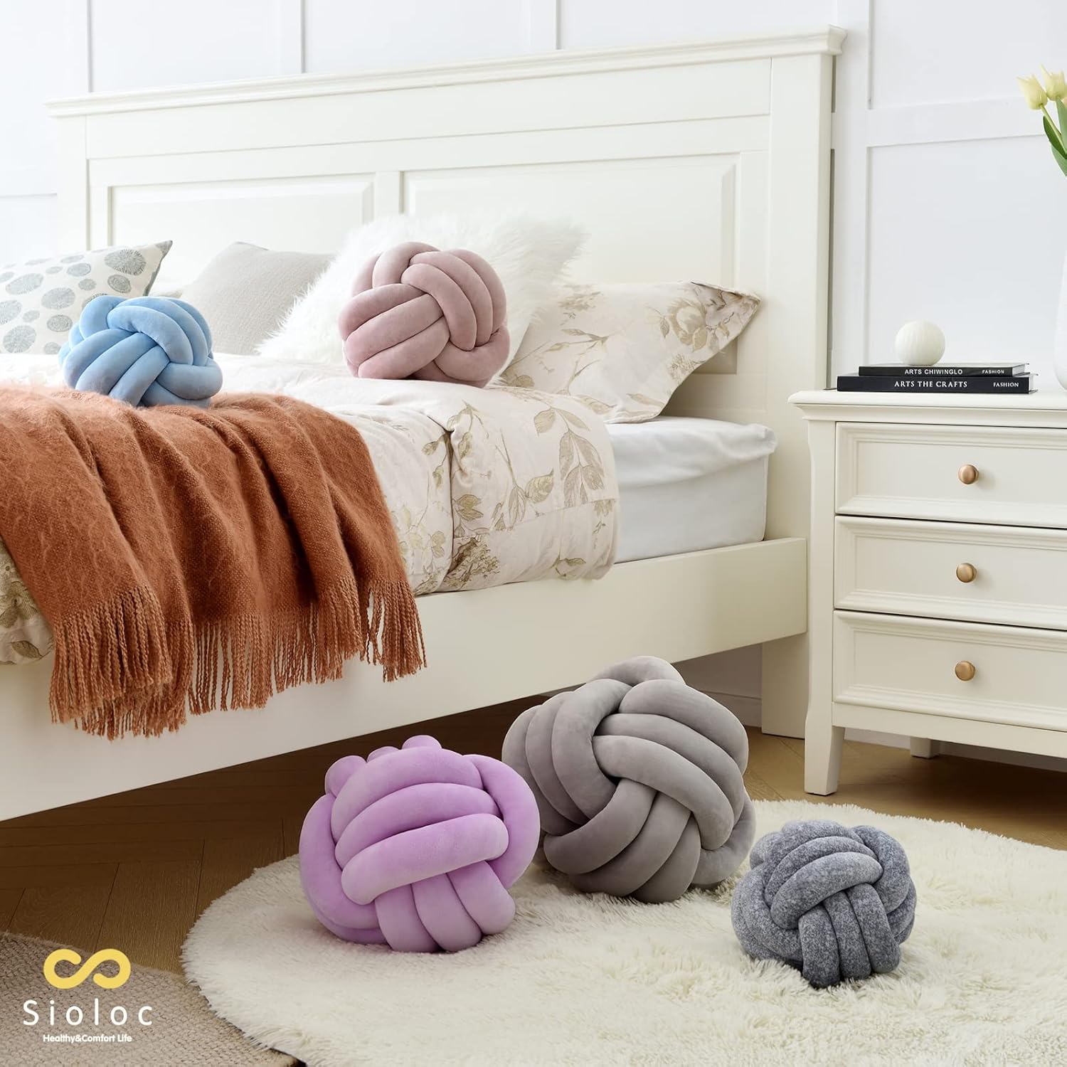 Sioloc – Almohadas de nudo suave, cojín redondo para decoración del hogar, almohada de bola anudada hecha a mano (7.8 pulgadas, color gris)