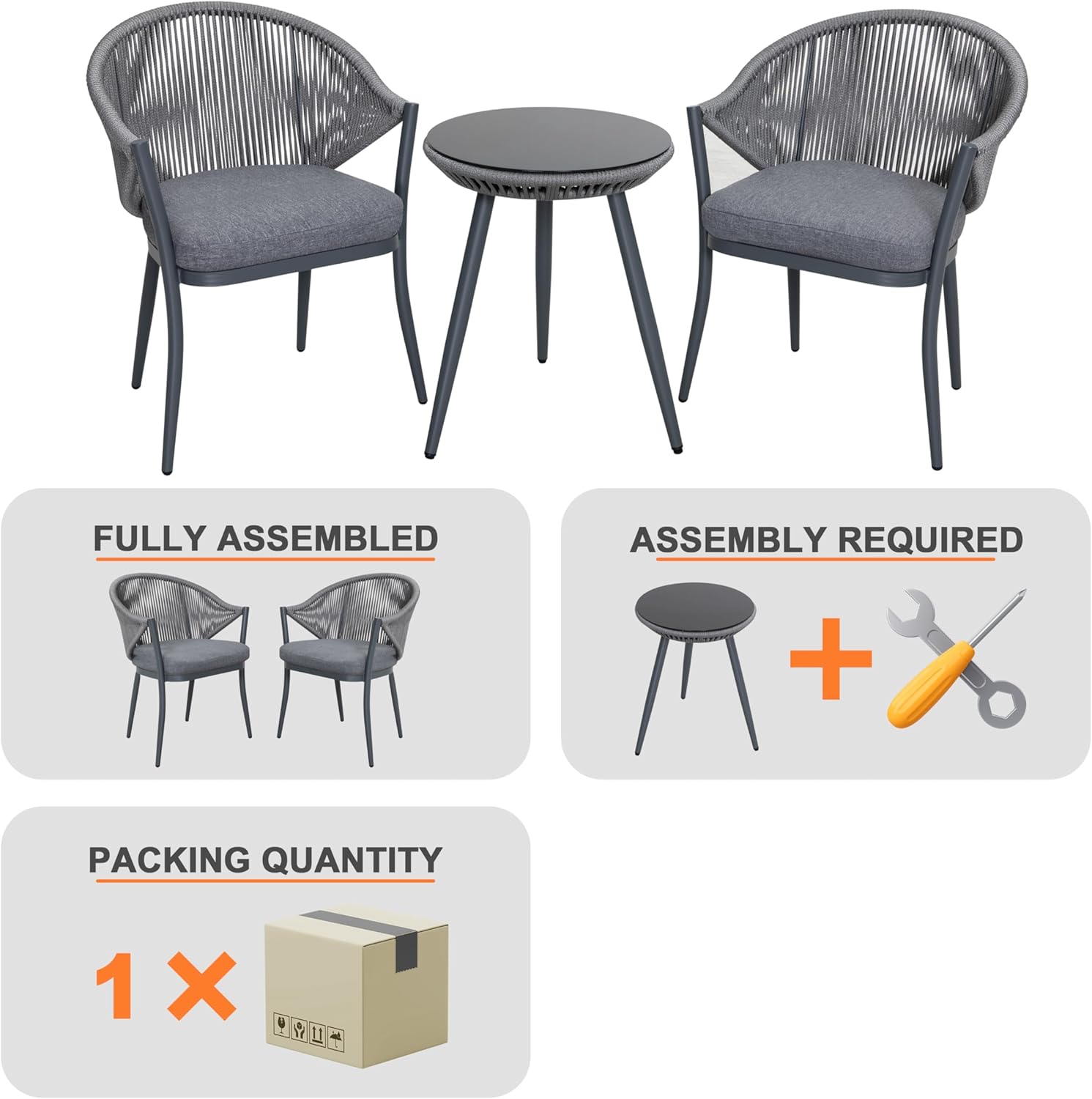 NUU GARDEN Juego de 3 piezas de bistró para exteriores, juego de patio de conversación de cuerda tejida, muebles de aluminio para todo tipo de