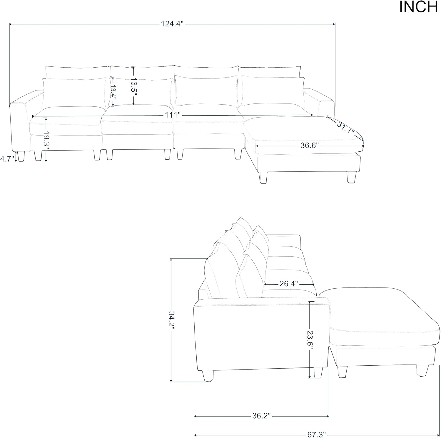 HBRR Sofá modular en forma de L, moderna tumbona seccional tapizada y otomana, 4 almohadas lumbares, sofá de gran tamaño de 5 asientos para sala de