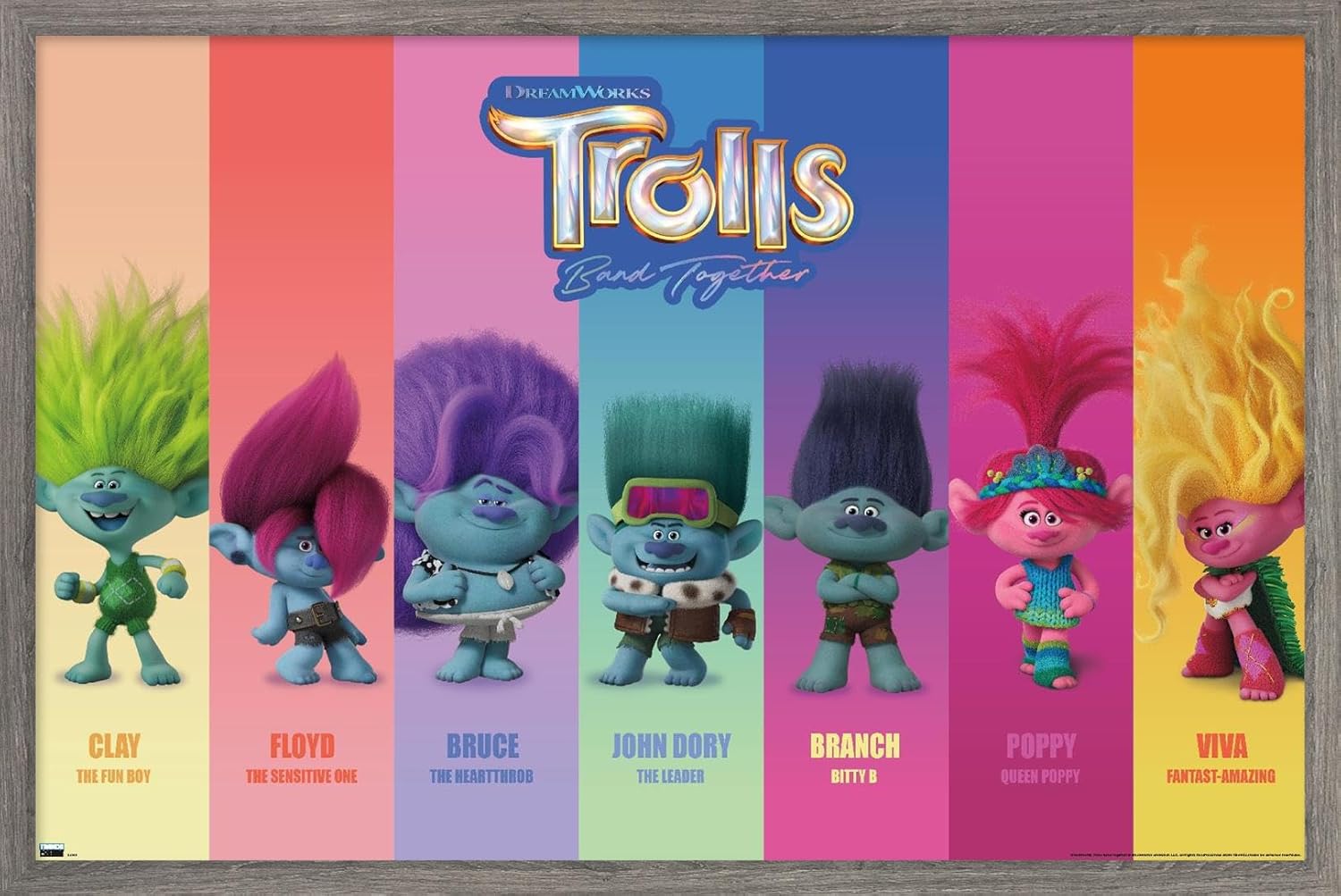 Trends International Trolls Band Together – Póster de pared Perfect Harmony, 22.37 x 34.00 pulgadas, versión enmarcada de madera de granero