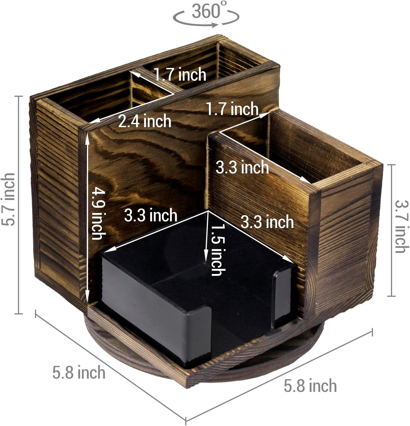 MyGift Organizador moderno de escritorio de oficina de 4 compartimentos en madera maciza quemada rústica con soporte adhesivo acrílico negro y base