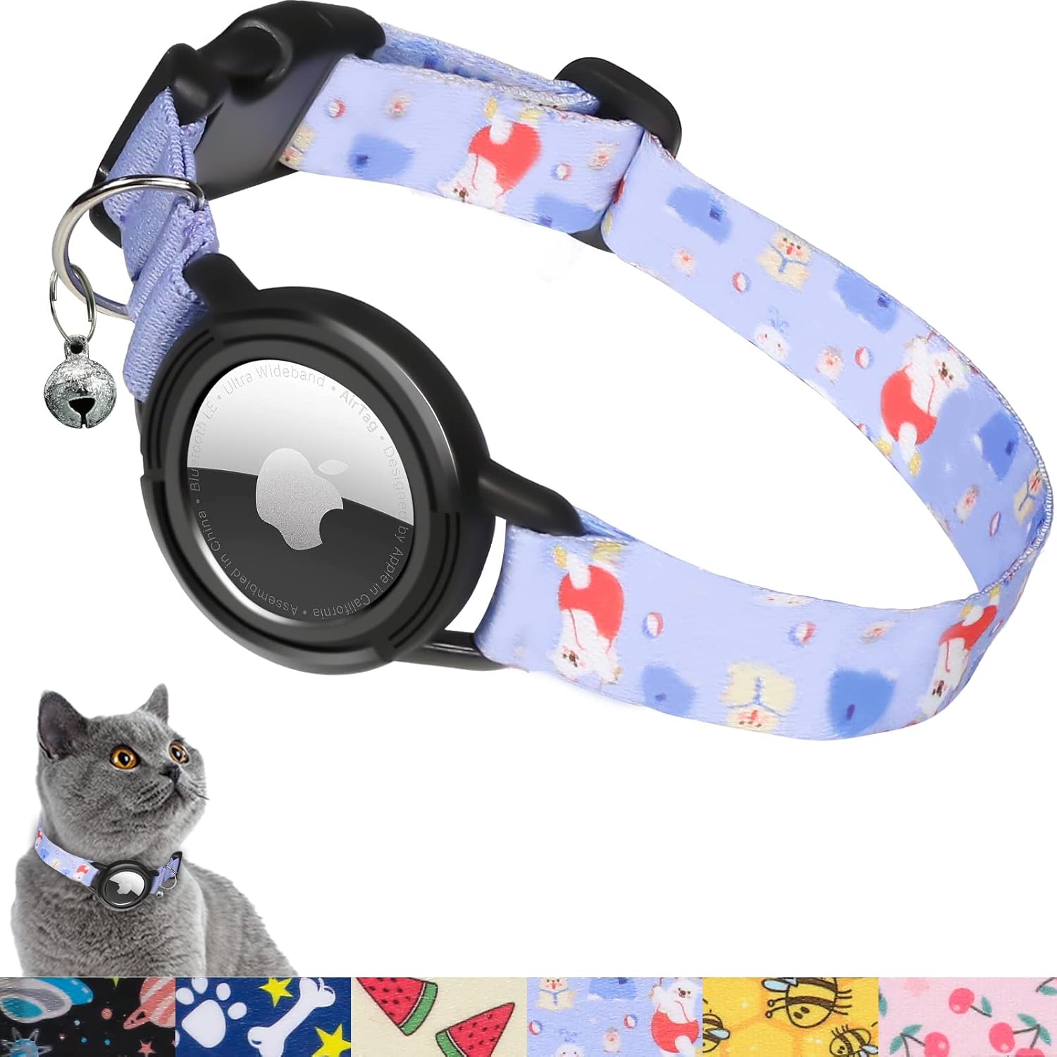 FEEYAR – Collar para gatos AirTag mejorado, collar de gato con GPS integrado con soporte para AirTag y campana púrpura, banda elástica de seguridad,