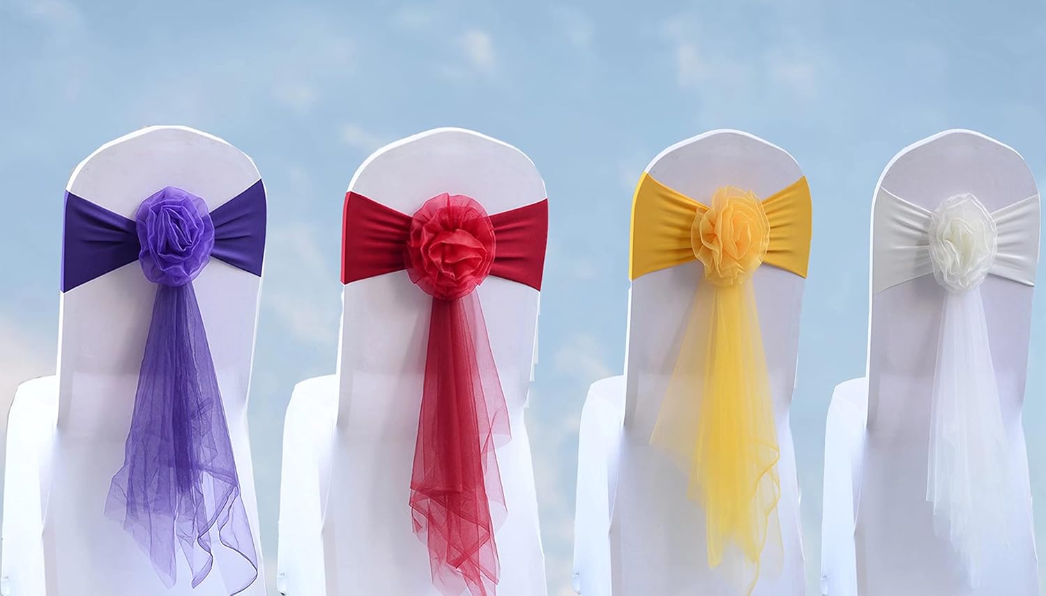 Paquete de 6 bandas elásticas de elastano para silla, cinta de organza floral para boda, fiesta, cumpleaños, baile, fiesta, celebración, decoración