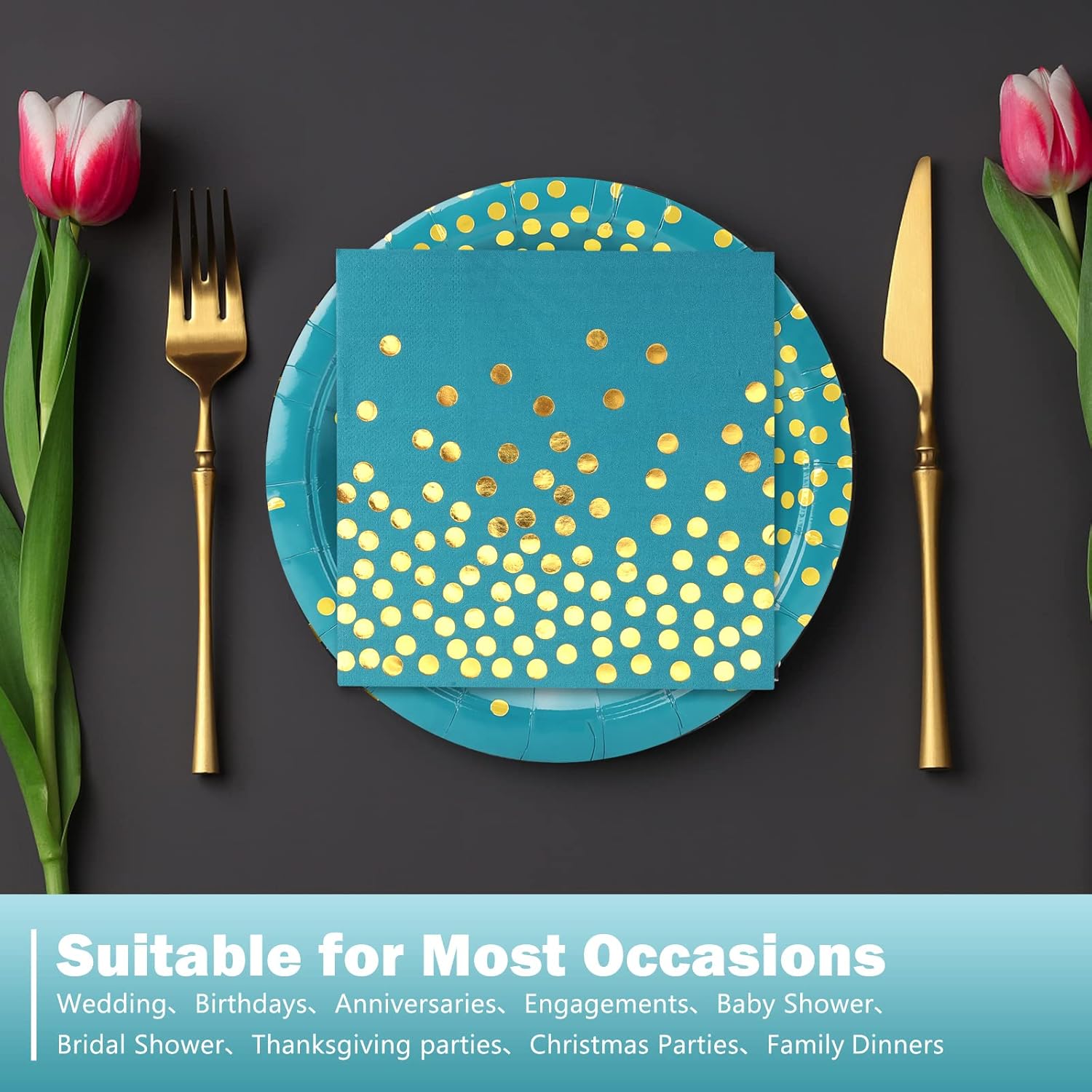 Paquete de 200 platos y servilletas de papel azul y verde dorado, 100 platos de postre de 7 pulgadas y 100 servilletas de 6.5 pulgadas, platos de