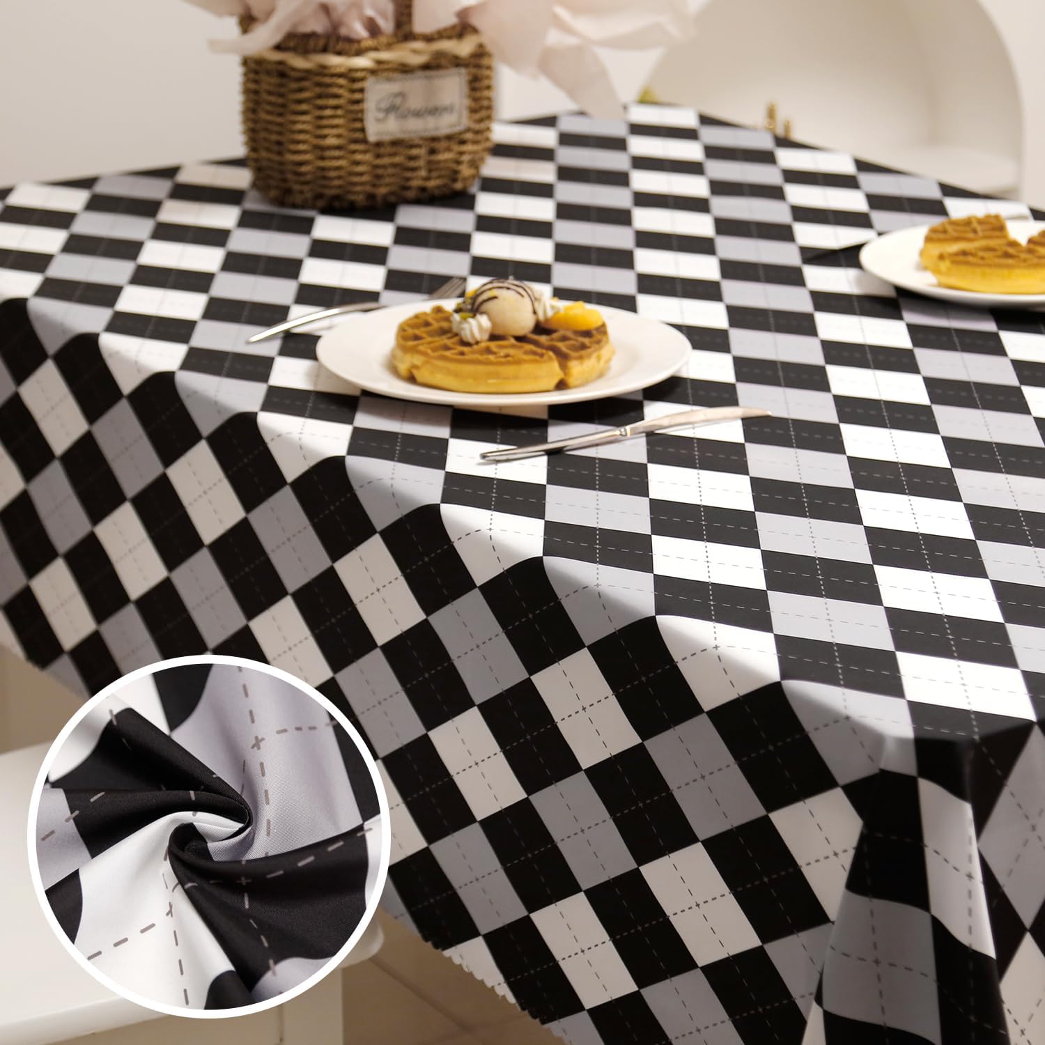 Mantel negro a cuadros para festivales de fiesta, mantel a cuadros de 60 x 102 pulgadas, mantel rectangular decorativo, tela impermeable para picnic