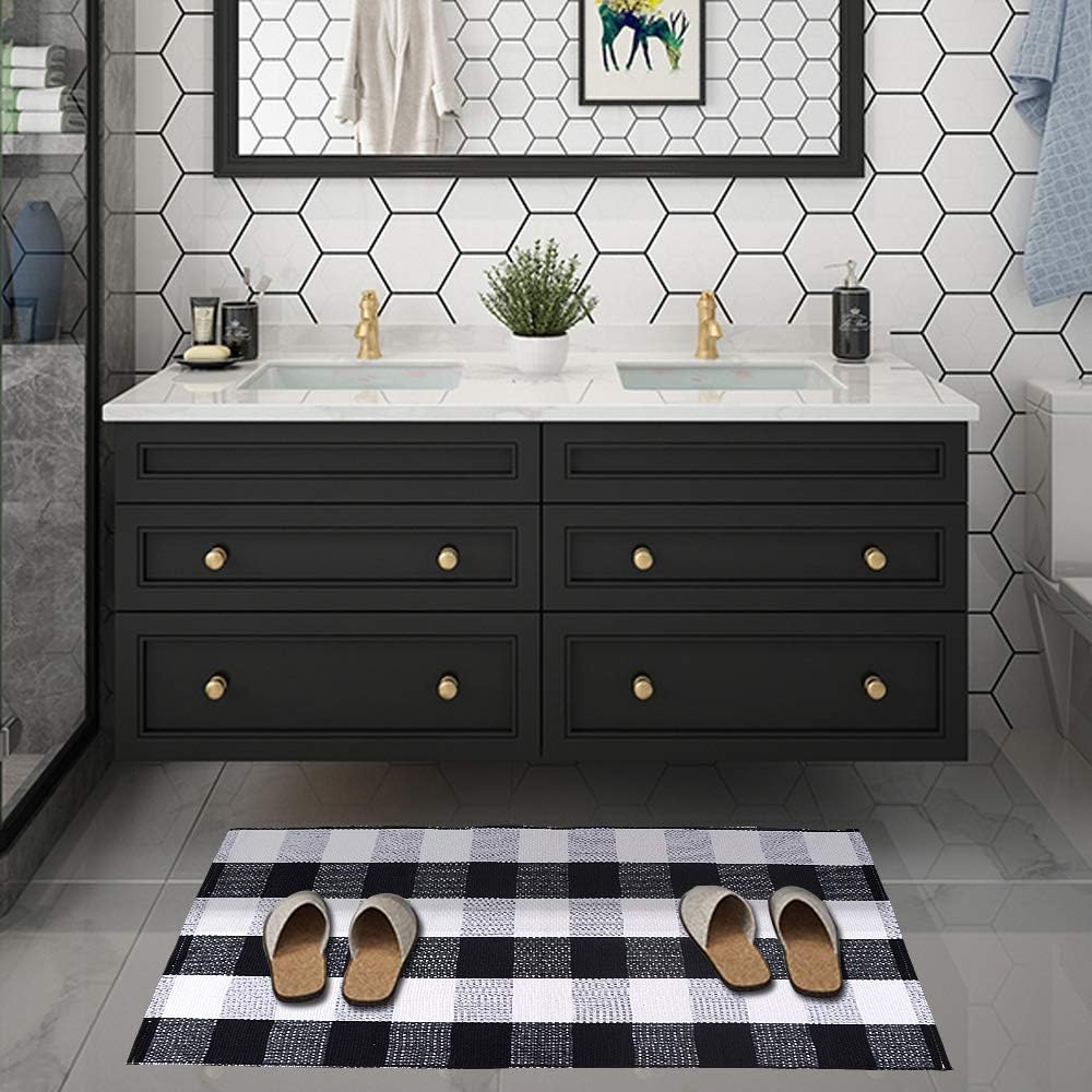 Carvapet Buffalo – Alfombra de área a cuadros negros y blancos de 27.5 x 43.3 pulgadas, tapete de bienvenida para interiores y exteriores, para