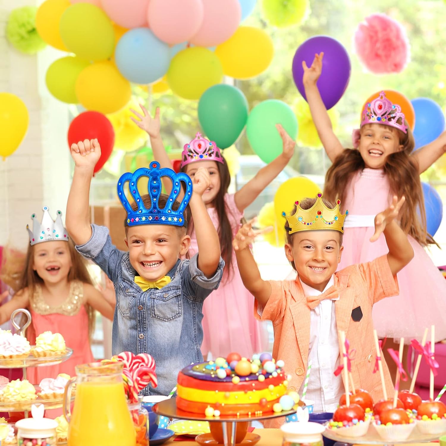 Epakh Juego de 27 coronas de fiesta de princesa, 16 piezas de coronas de princesa con 11 calcomanías de diamante, suministros de fiesta de princesa