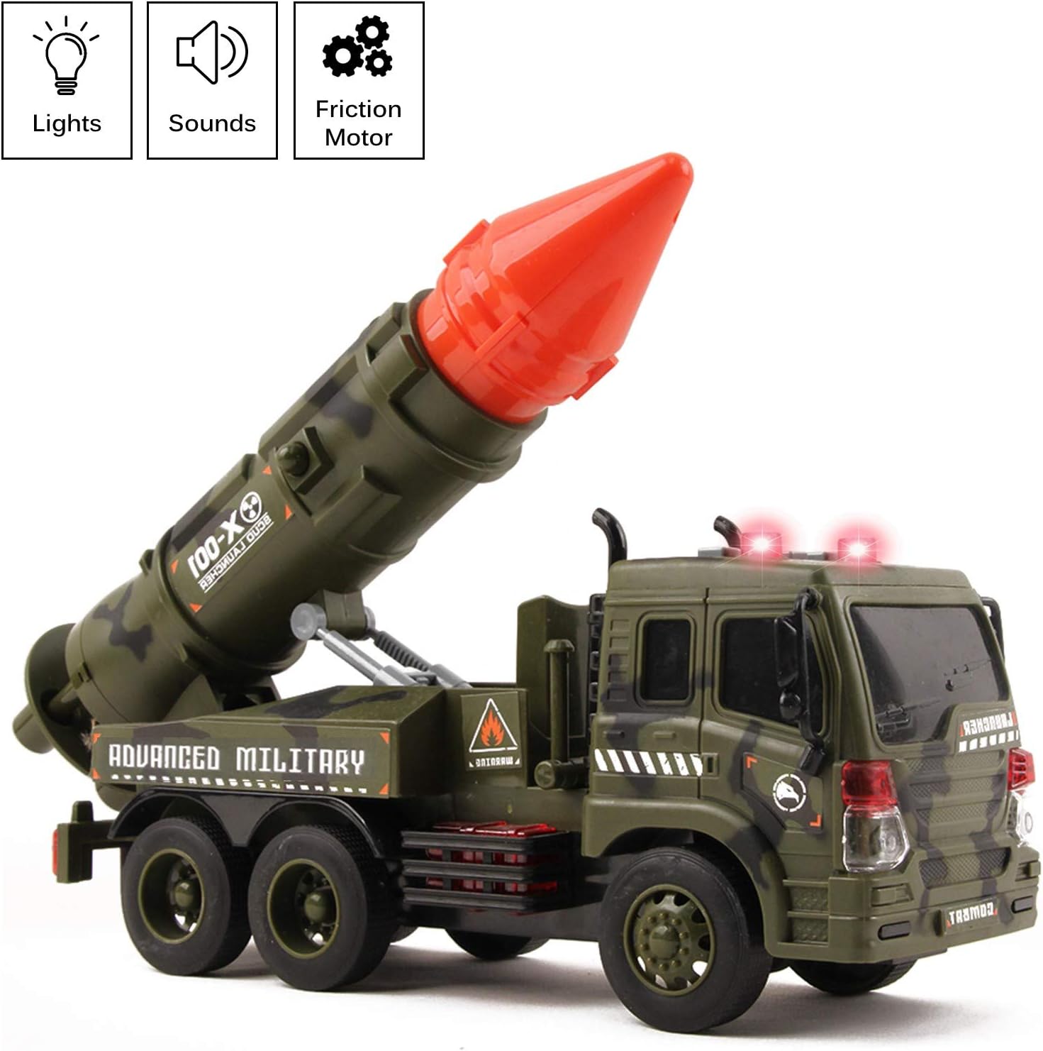 Camión lanzador militar, combatiente alimentado por fricción con luces, sonidos y misiles de tracción para niños, vehículo portador del ejército,