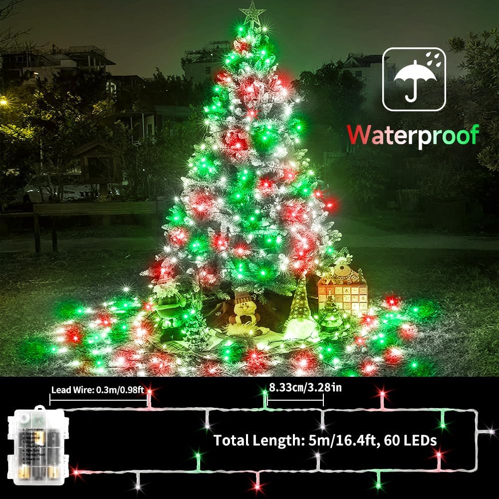 1 paquete de 60 luces LED de 16.4 pies cada uno, 16.4 pies, funciona con pilas, luces de árbol para interiores y exteriores, con temporizador, 8