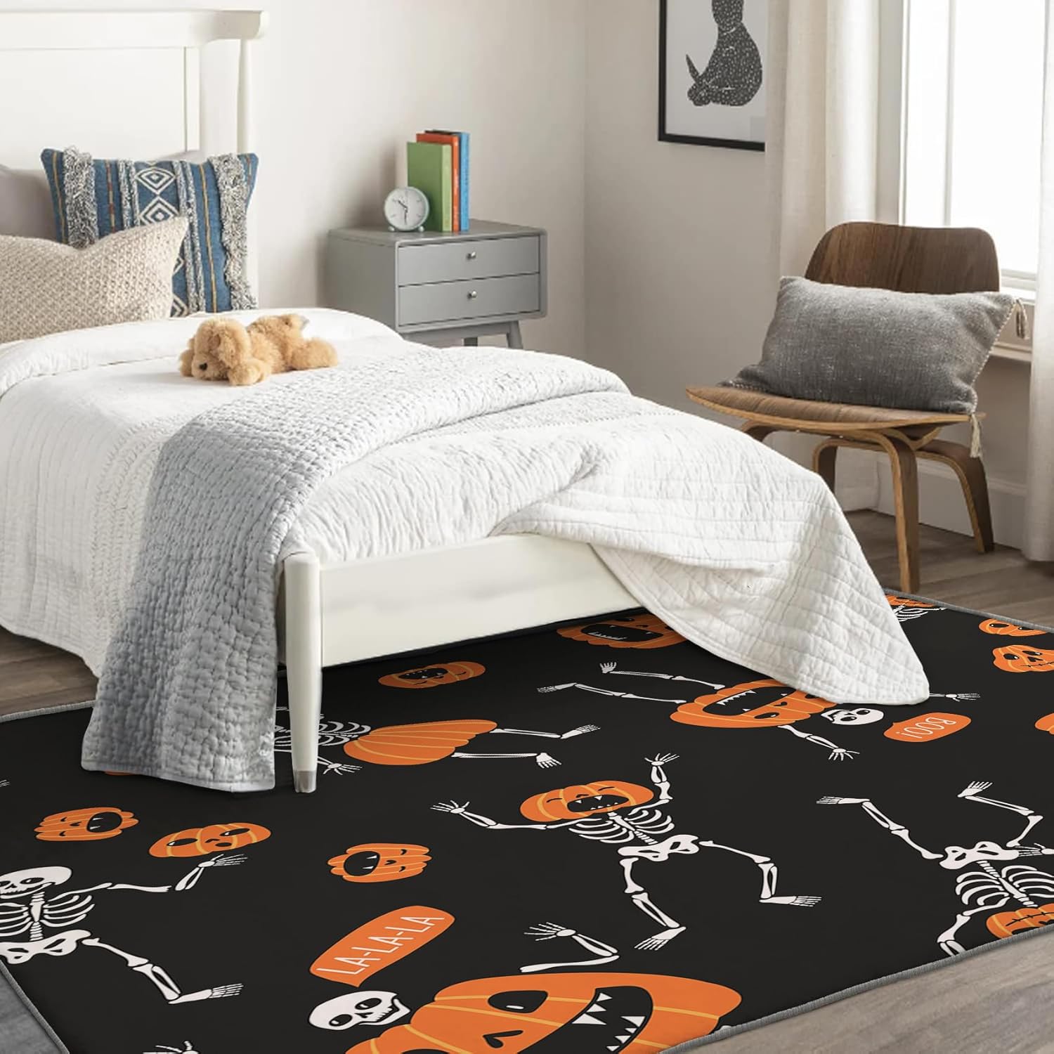 Alfombra de esqueleto de 2 x 3 pies, alfombra de Halloween, alfombras divertidas para entrada, sala de estar, dormitorio, alfombra de calabaza,