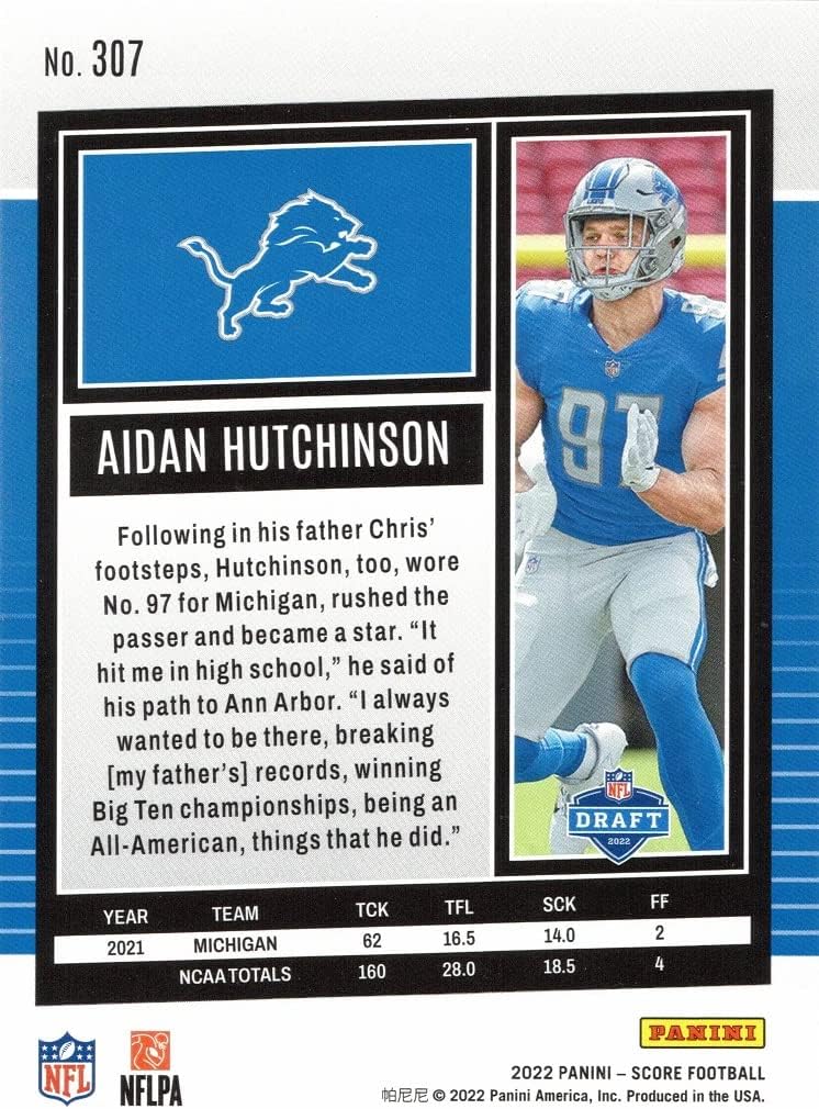 2022 Panini Score Football #307 Aidan Hutchinson Rookie Card Lions