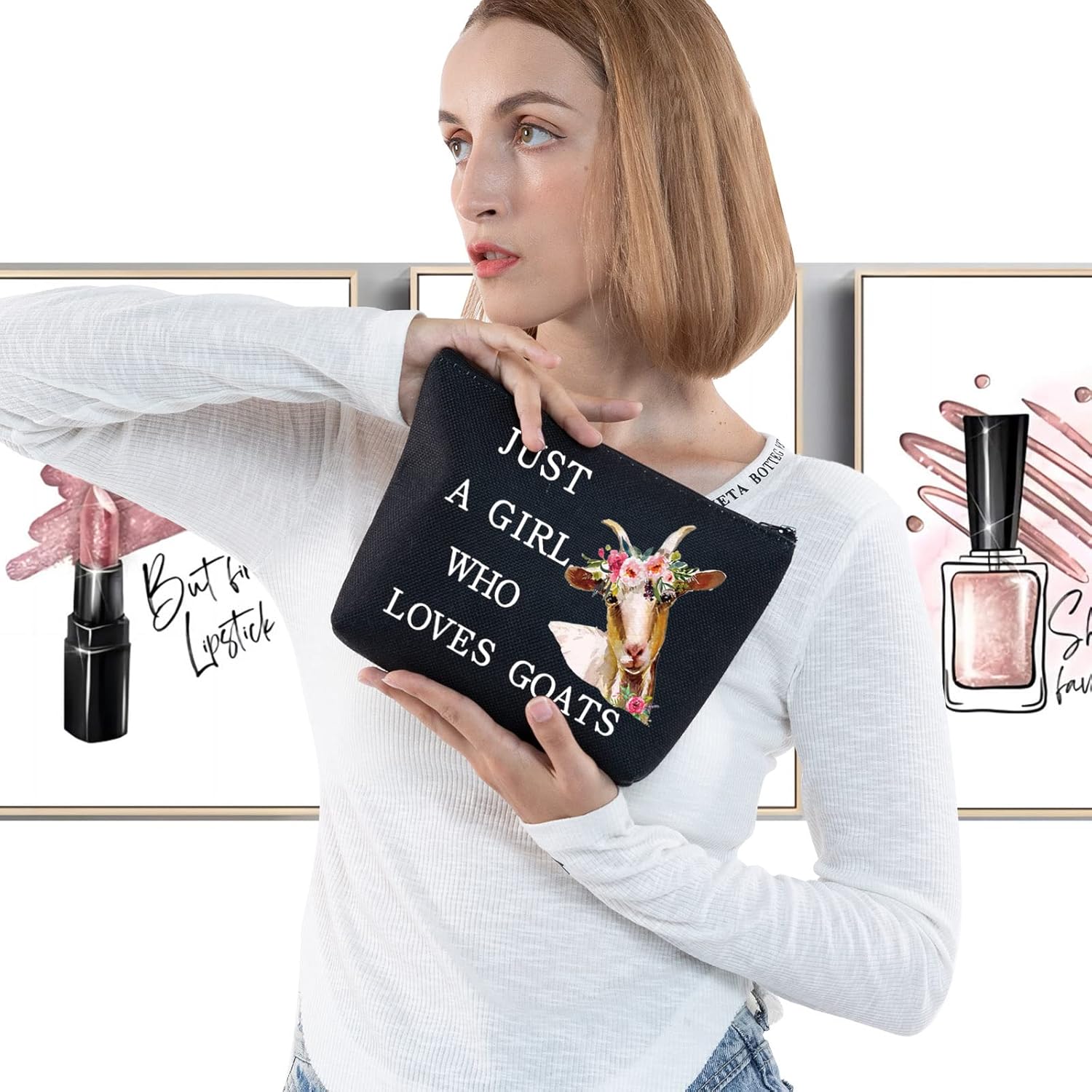 LEVLO Bolsa cosmética divertida de cabra regalo para amantes de los animales, solo una chica que ama las cabras, bolsa de maquillaje con cremallera,