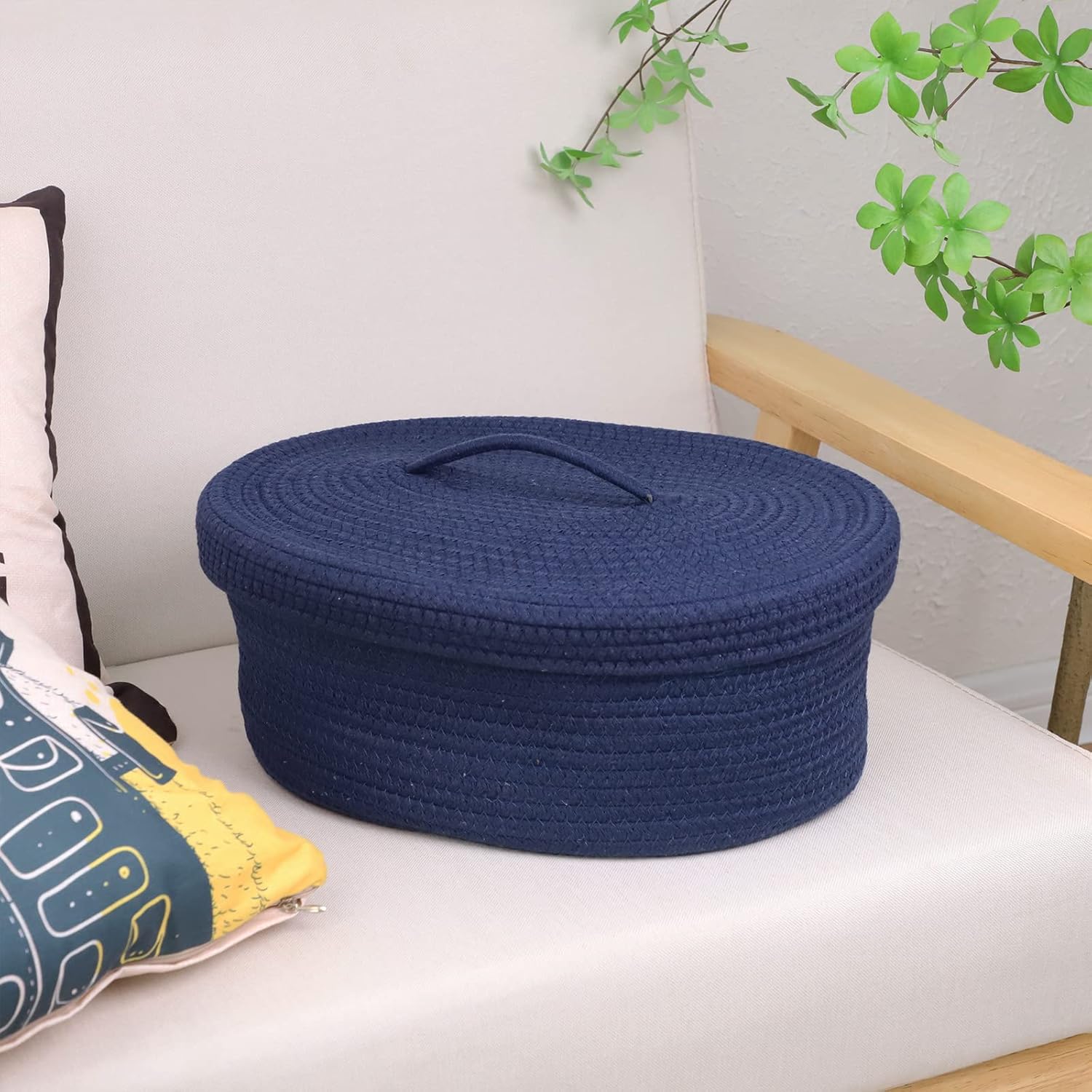 Cesta de almacenamiento de cuerda de algodón con tapa, cesta de almacenamiento de manta de cuerda tejida, contenedor de almacenamiento de guardería,