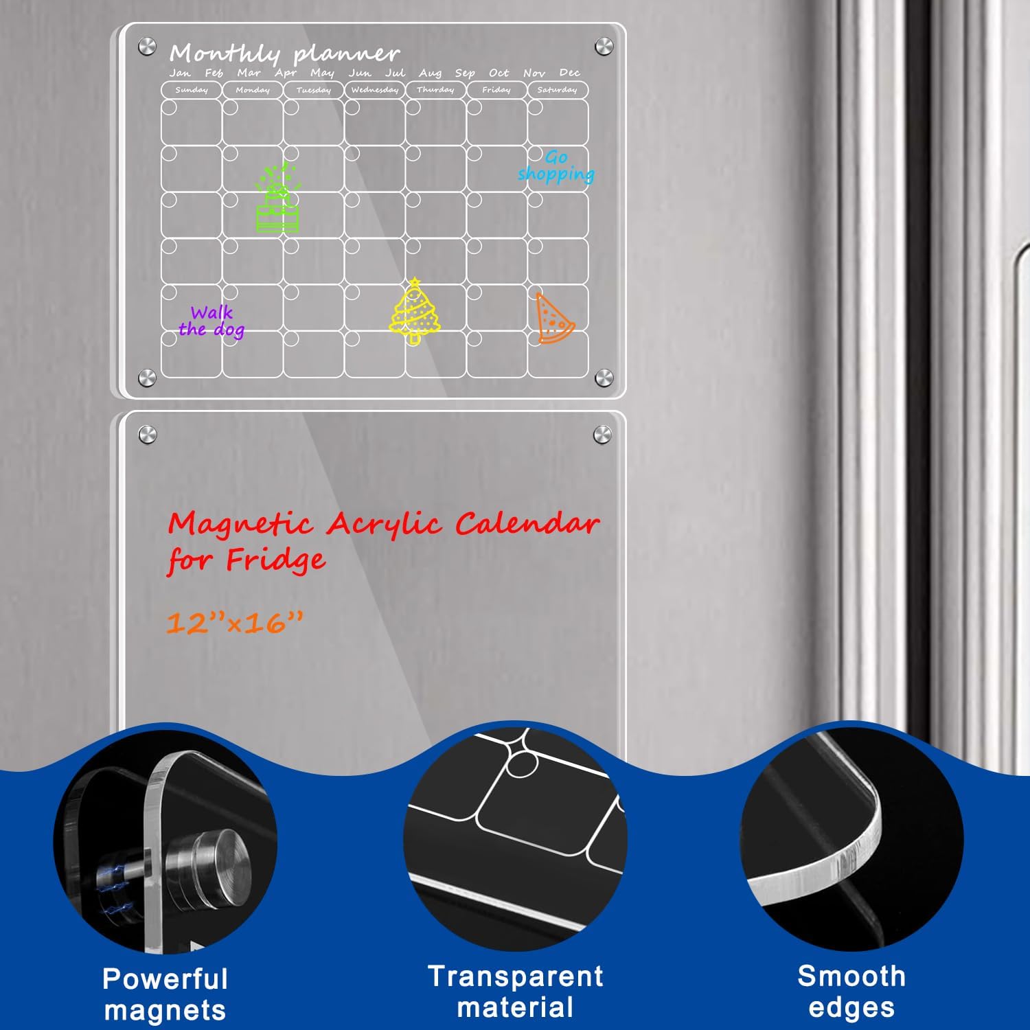 Calendario acrílico magnético para refrigerador, paquete de 2 calendarios transparentes de 12 x 16 pulgadas, juego de tablas de planificación