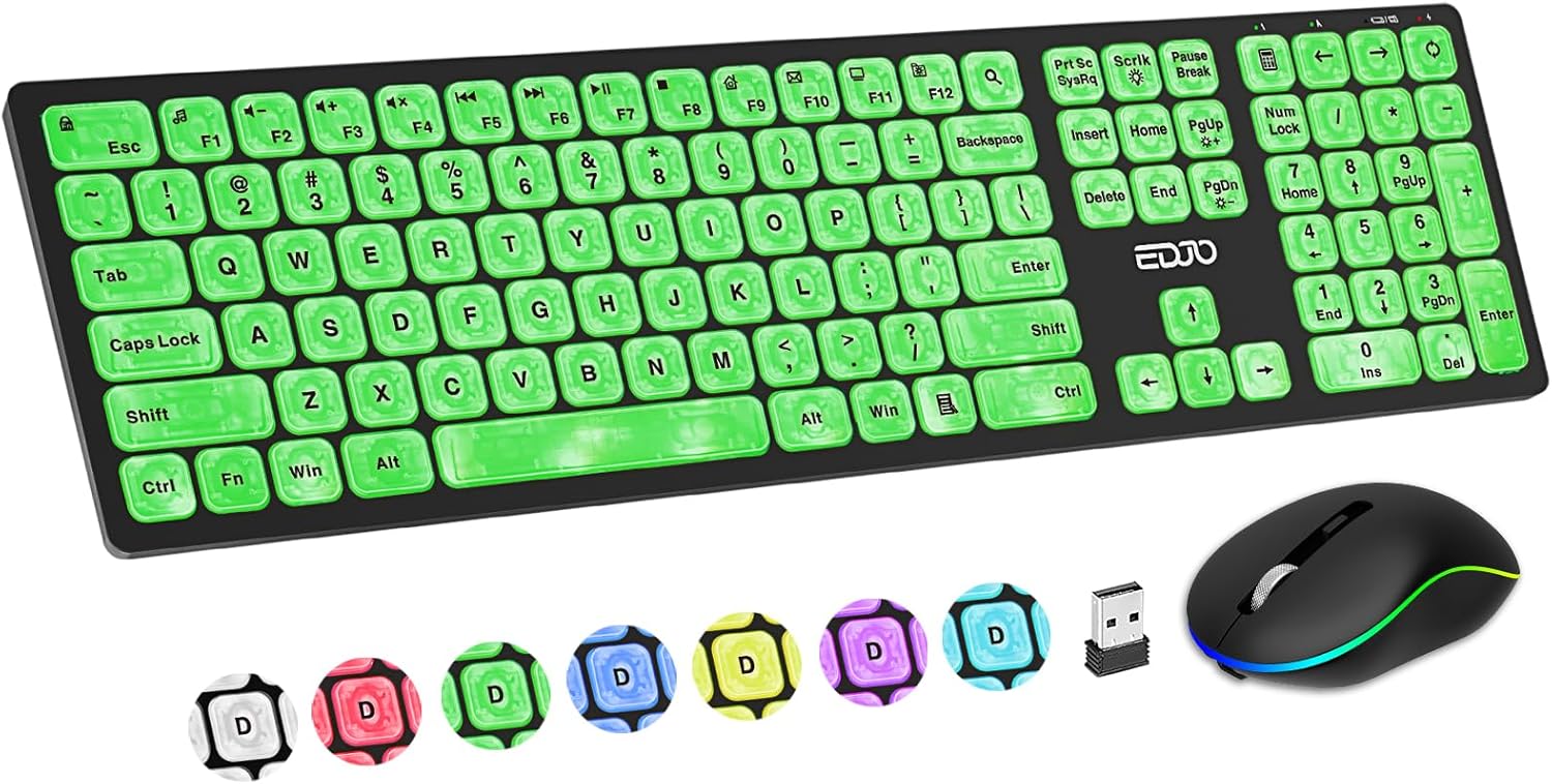 Combo de teclado y mouse inalámbricos, 7 efectos retroiluminados, teclado silencioso con mouse RGB, recargable, delgado, modo de sueño, juego de