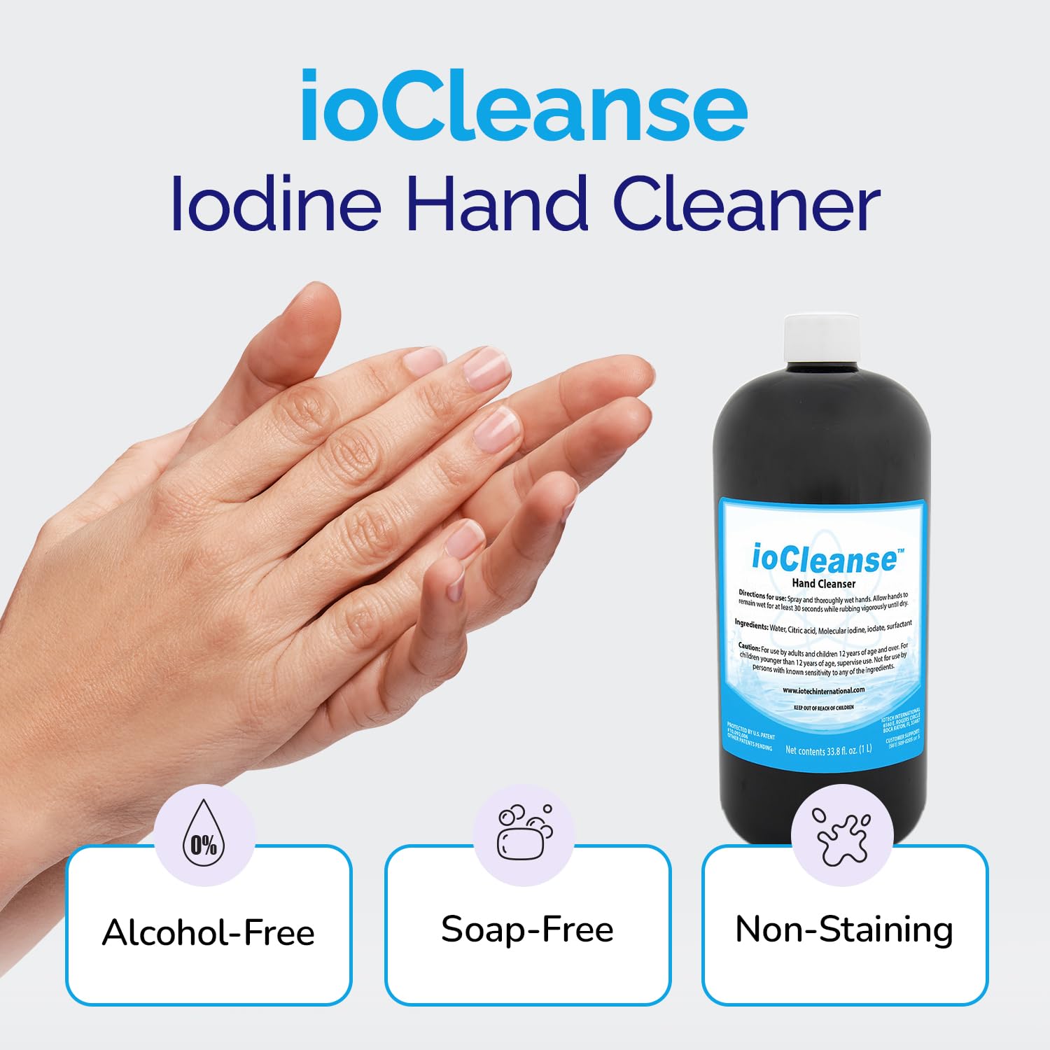 Iotech ioCleanse Limpiador de manos, spray limpiador de manos sin alcohol, limpiador de manos ioCleanse de grado profesional (1 litro)