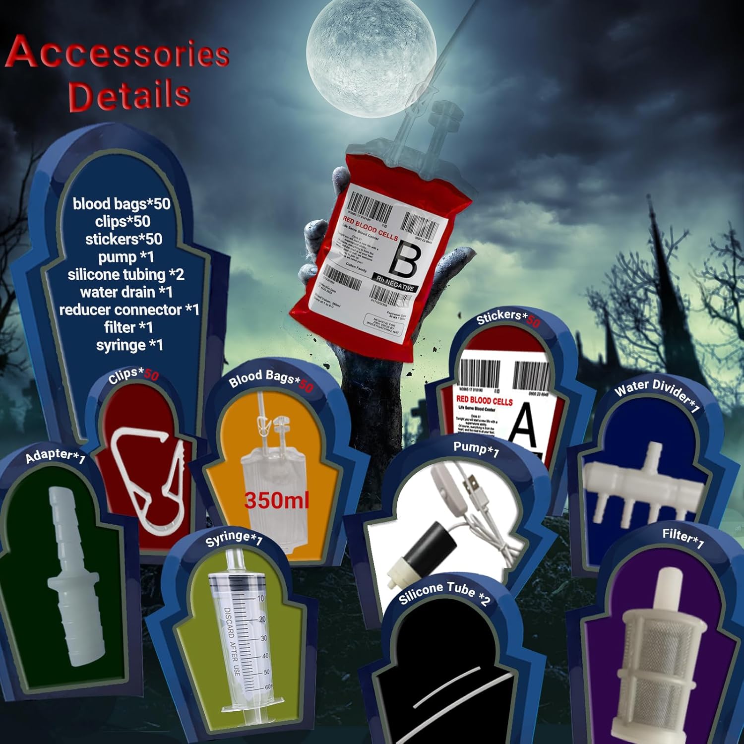 JILIER Bolsas de sangre de Halloween para llenar bebidas con bomba, 50 bolsas intravenosas para decoraciones de fiesta de Halloween, bolsa de bebida
