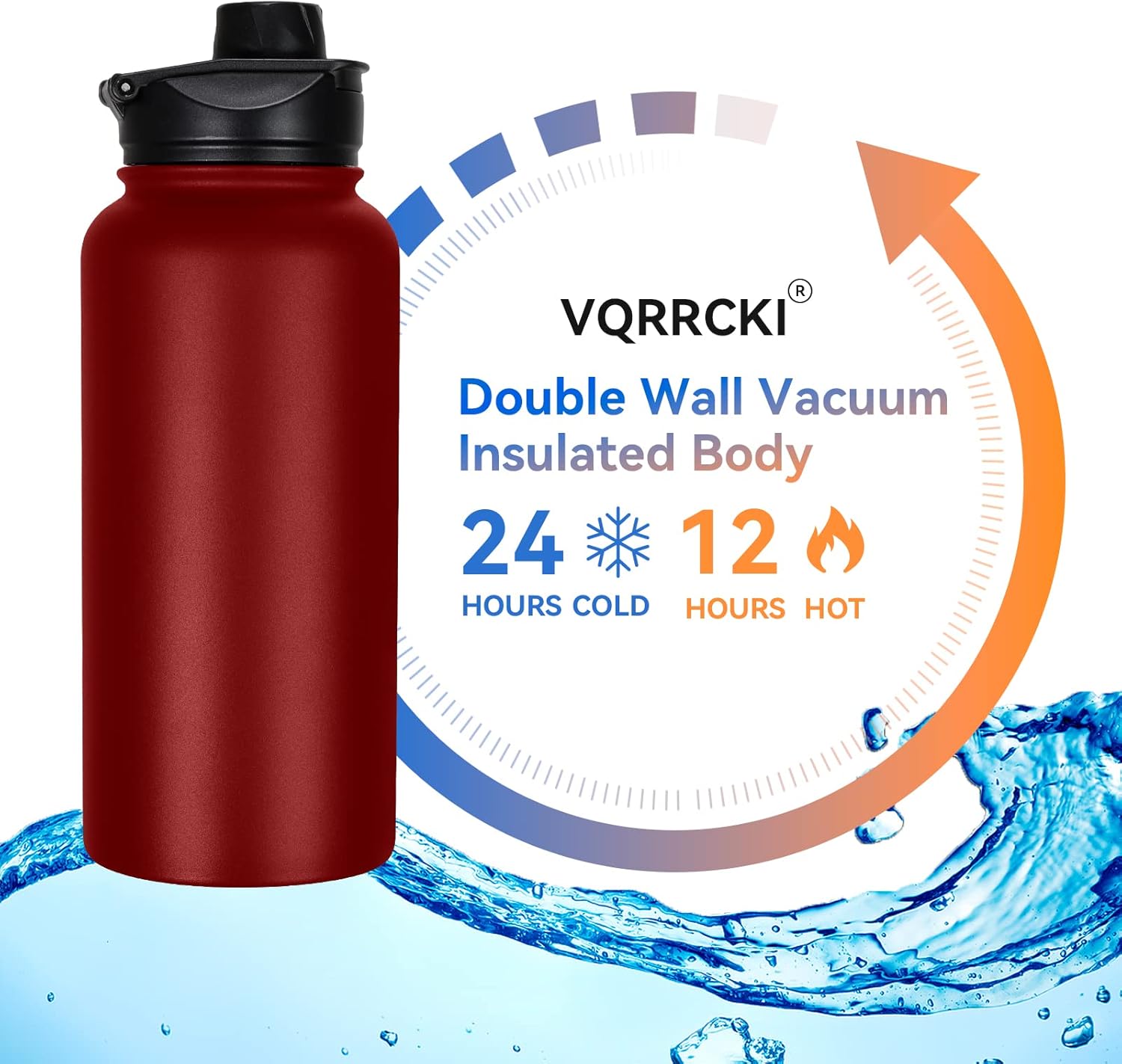 VQRRCKI Botella de agua aislada de 32 onzas con tapa de popote y tapas de boca ancha, botellas de agua deportivas de acero inoxidable, vacío de