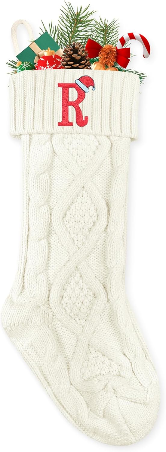 Monograma personalizado de calcetín de Navidad, calcetines de Navidad de punto blanco grande (R)