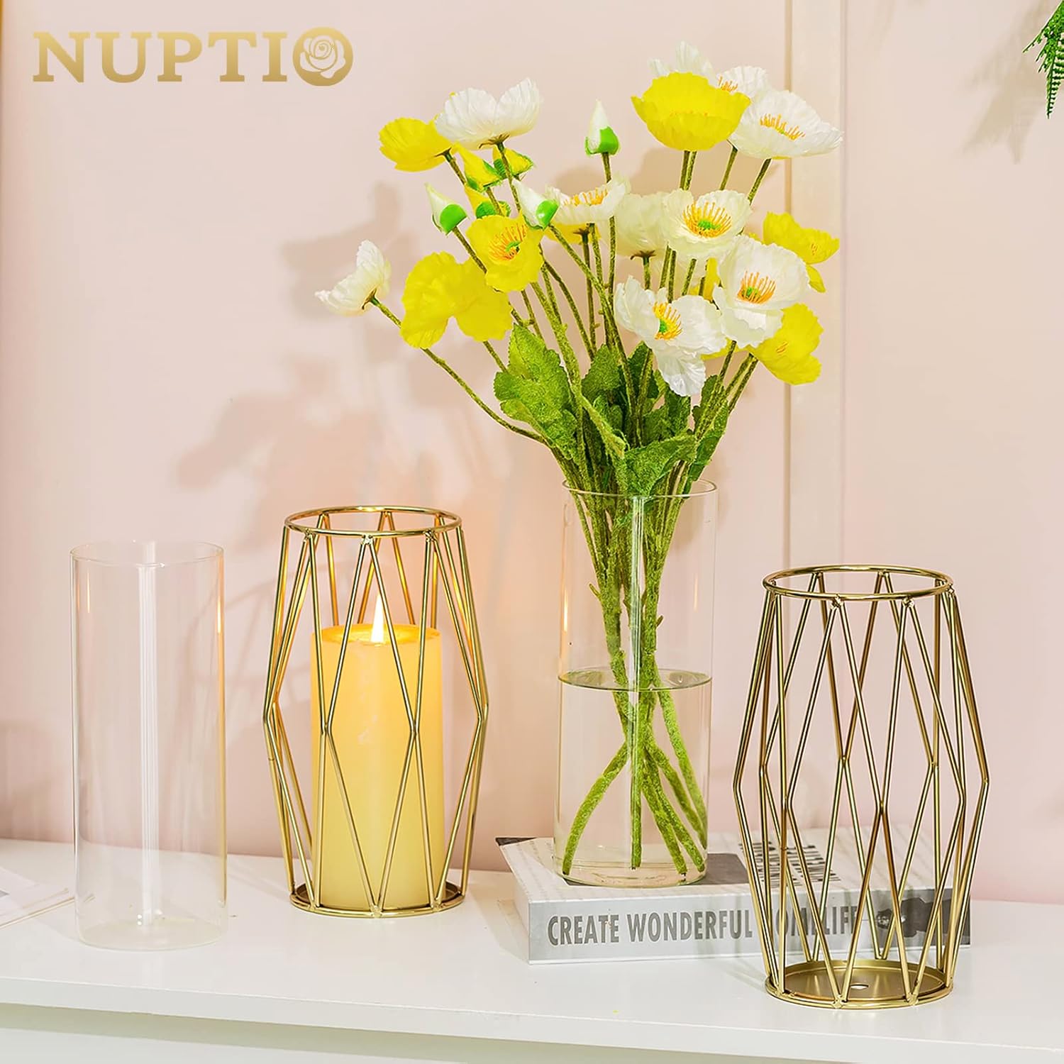 Nuptio Portavelas de pilar dorado 2 portavelas de cristal para huracanes con soporte geométrico de metal para centros de mesa de boda, fiesta de